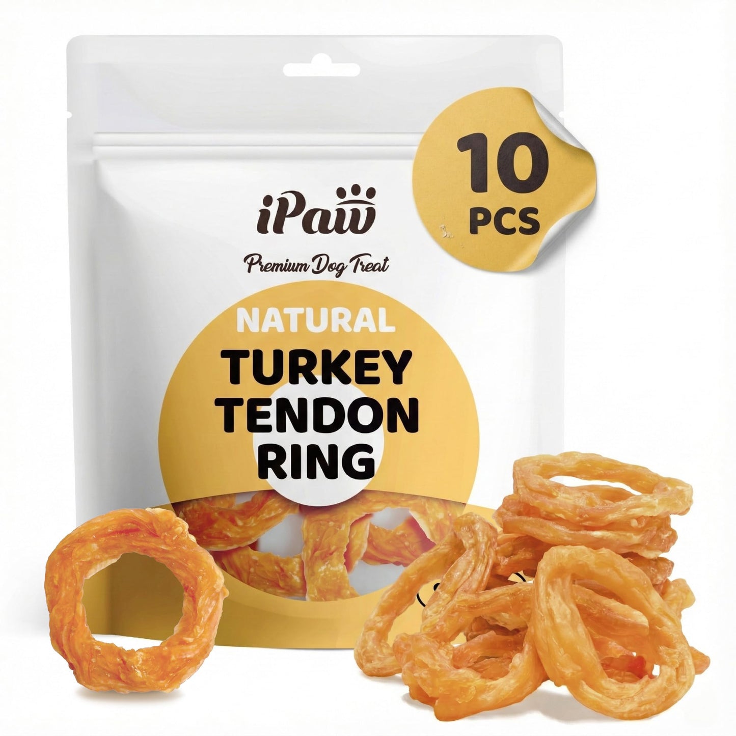 White Smoke iPaw 10 Pcs Value Pack Turkey Tendons for Dogs, Single Protein, Hypoallergenic, All Natural Human Grade Puppy Chew, Rawhide Alternative Dog Treats, Ring (Small)