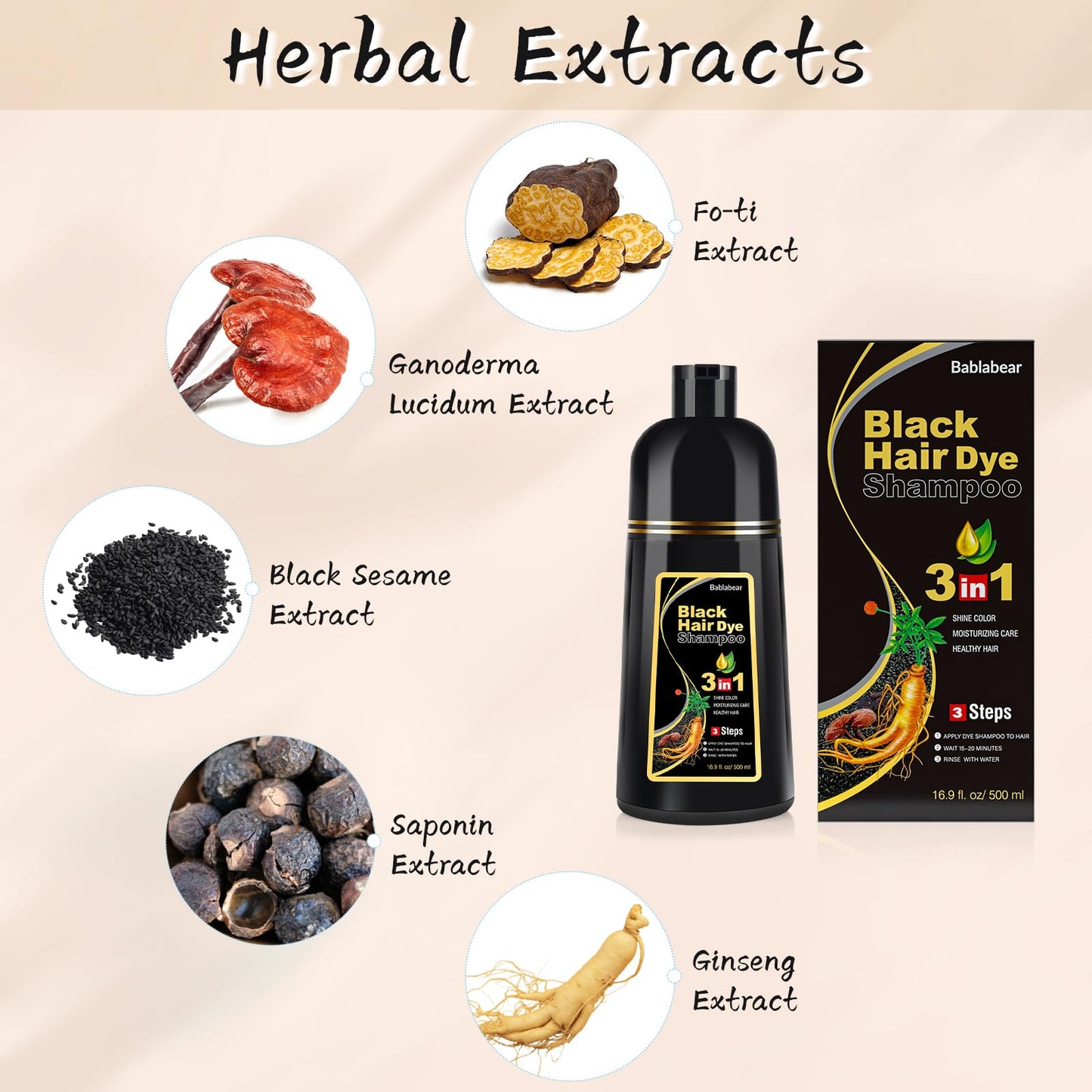 Antique White Bablabear Black Hair Dye Shampoo for Gray Hair, Semi-Permanent Hair Color Shampoo for Women and Men, Herbal Ingredients, 3 in 1 100% Grey Coverage.Lasts 30 Days/500ml/Natural herbal Ingredients