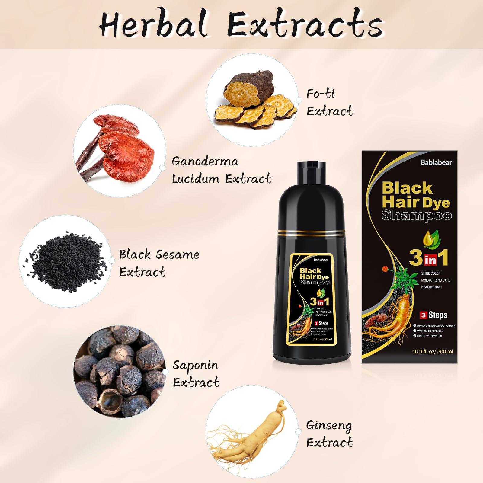 Antique White Bablabear Black Hair Dye Shampoo for Gray Hair, Semi-Permanent Hair Color Shampoo for Women and Men, Herbal Ingredients, 3 in 1 100% Grey Coverage.Lasts 30 Days/500ml/Natural herbal Ingredients