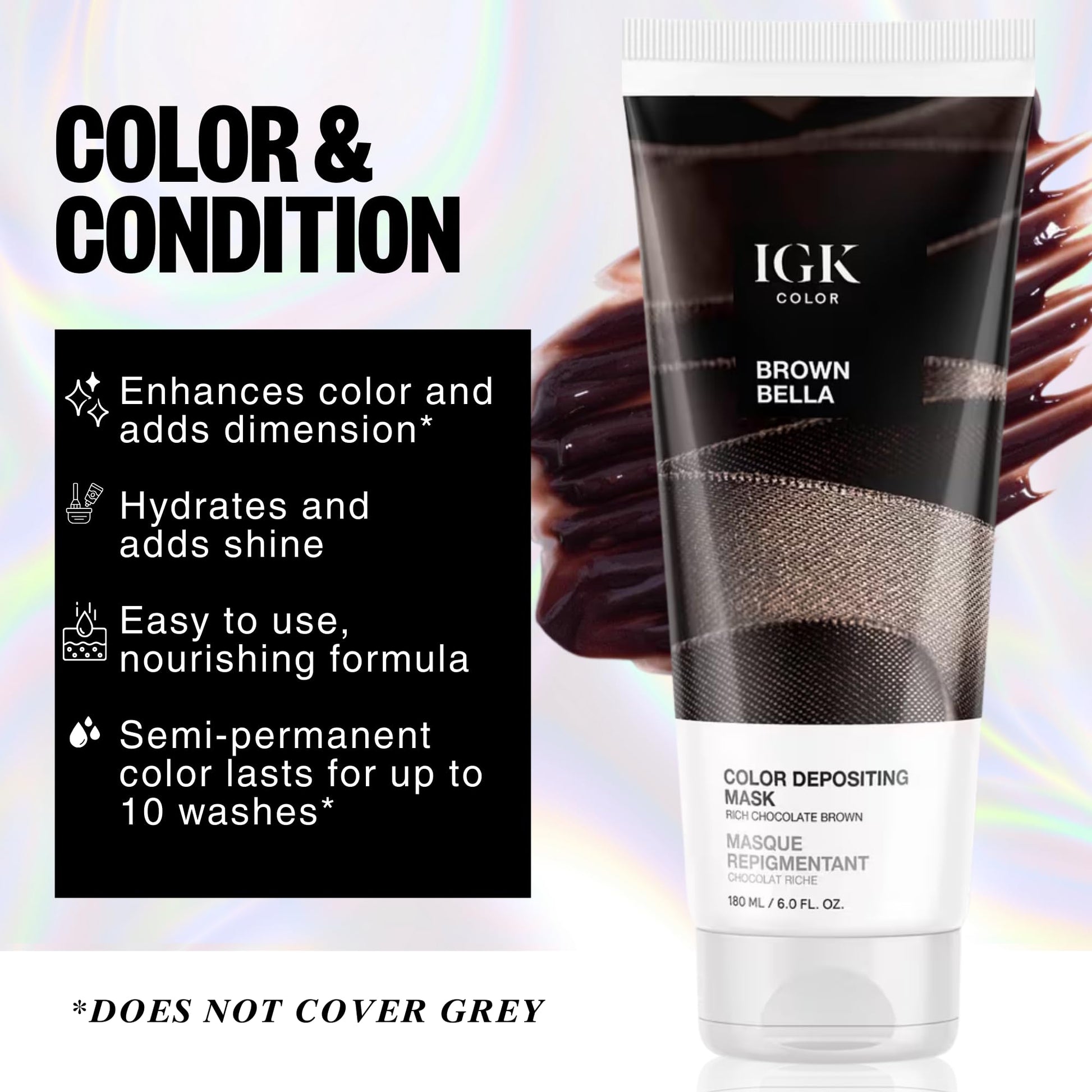 Black IGK Brown Bella Color Depositing Hair Mask | Chocolate Brown Semi Permanent Hair Color Conditioner + Gloss Toner | Hydrating Formula Adds Shine + Refreshes Color | Vegan + Cruelty Free | 6 oz