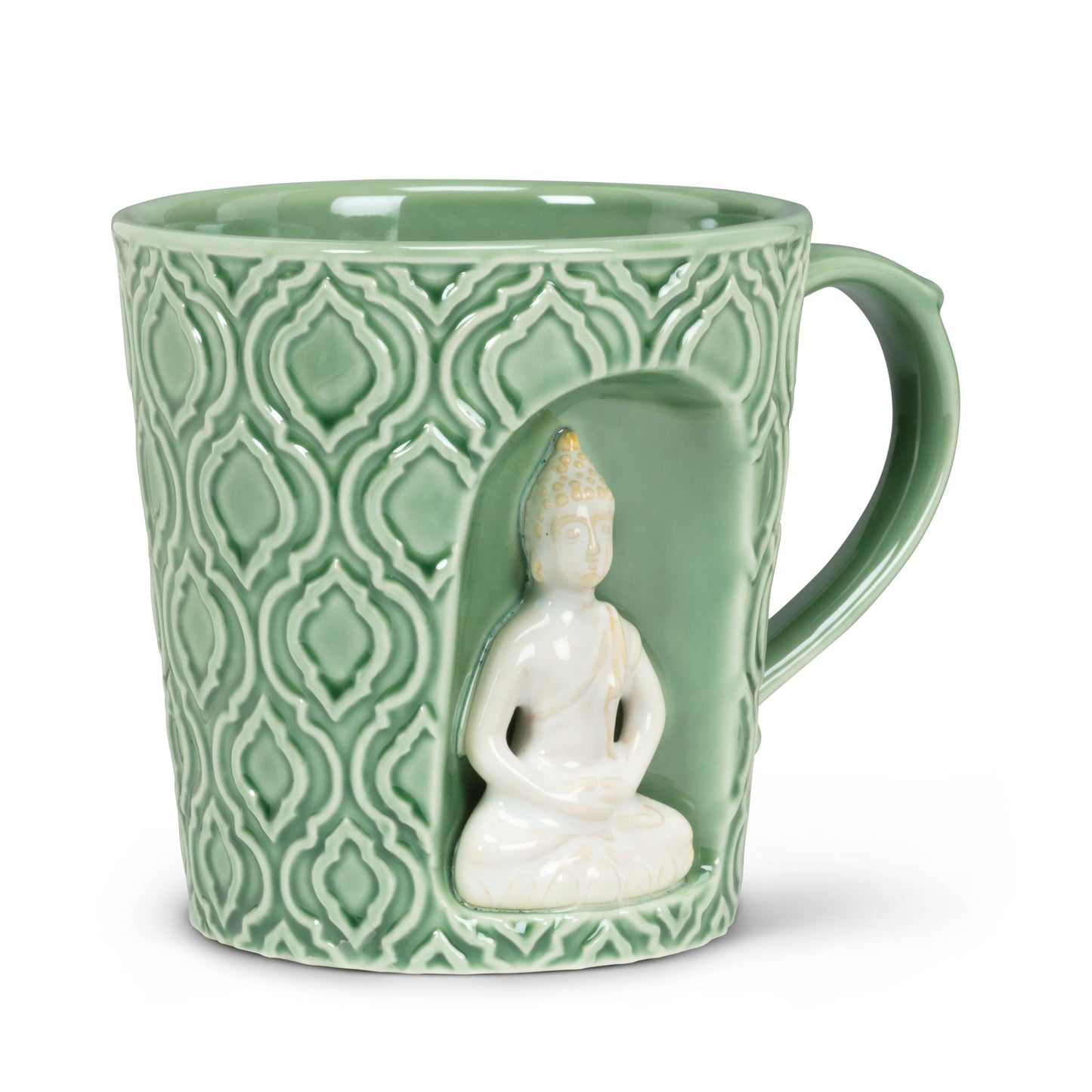 White Smoke Abbott Collection Alcove Emboss Taper Mug with Buddha - Stoneware, Green/White, 4 inches H (14oz)