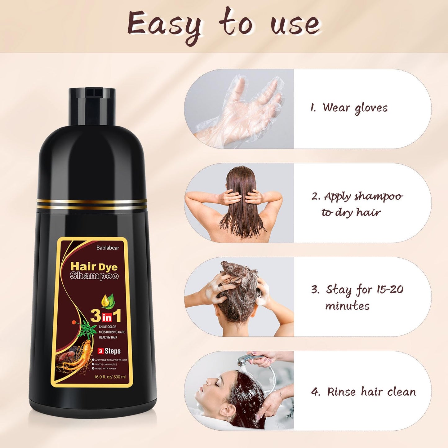 White Smoke Bablabear Dark Brown Hair Color Shampoo for Gray Hair 500ML Instant Hair Dye Shampoo for Men & Women-3 in 1 Color Shampoo