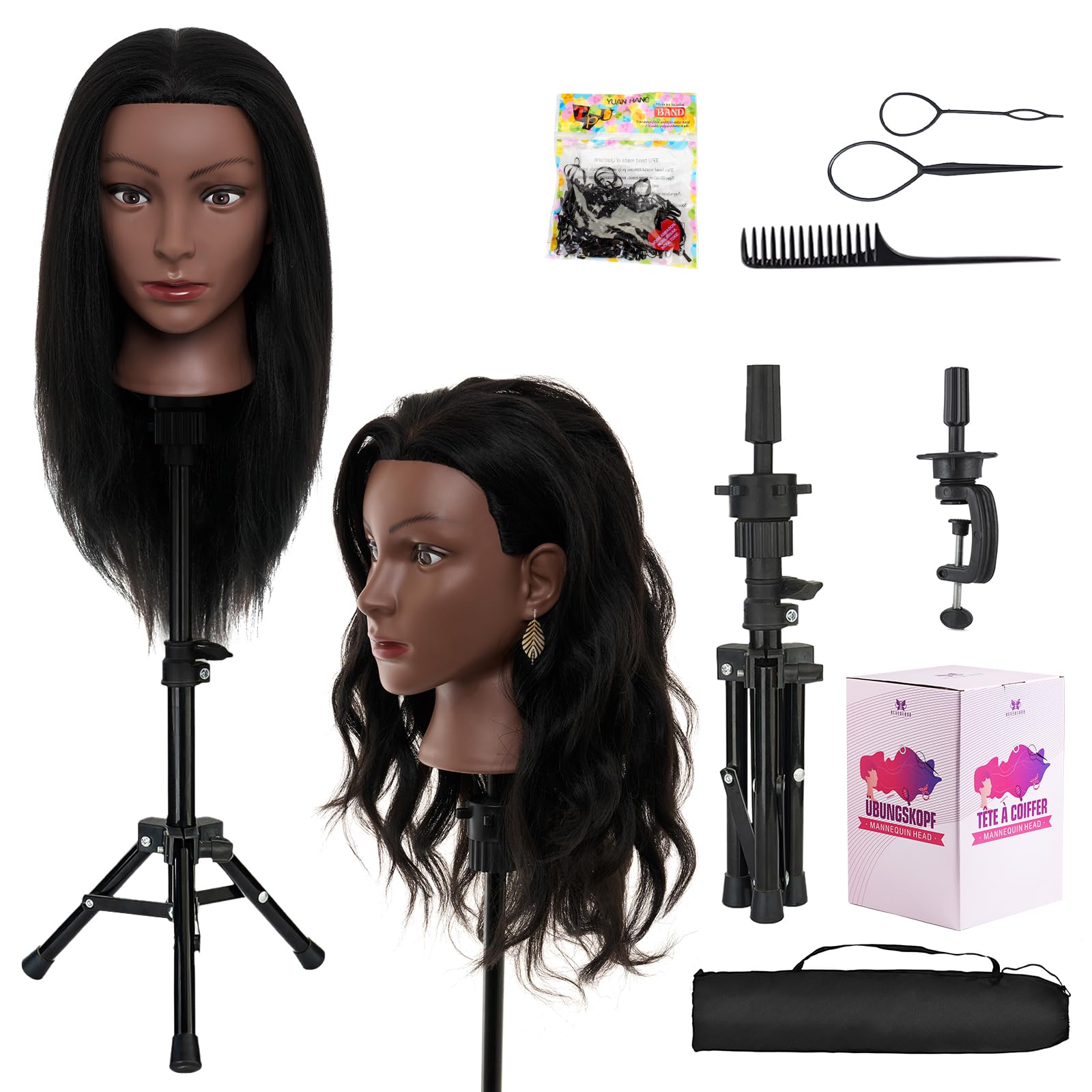 White Smoke 20-22 Inch Mannequin Head Human Hair with Stand,100% Real Human Hair Mannequin Head for Braiding,Cosmetology Manikin Doll Head for Styling with Table Clamp Hair Braiding Set(Brown)