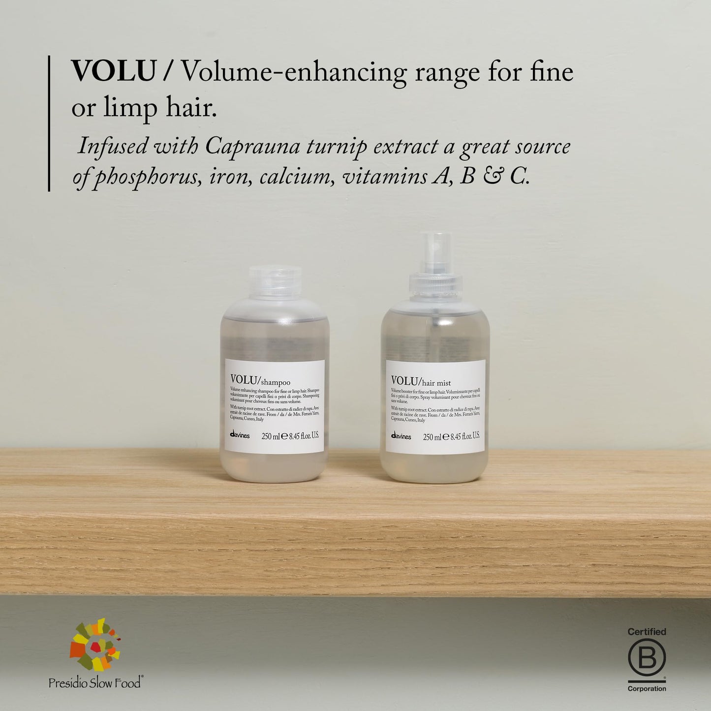 Gray Davines VOLU Shampoo, Volumizing Gentle Cleansing Action for Fine or Limp Hair - Making it Soft and Light with a Lasting Boost of Body and Volume with Turnip Root Extract, 8.45 Fl Oz
