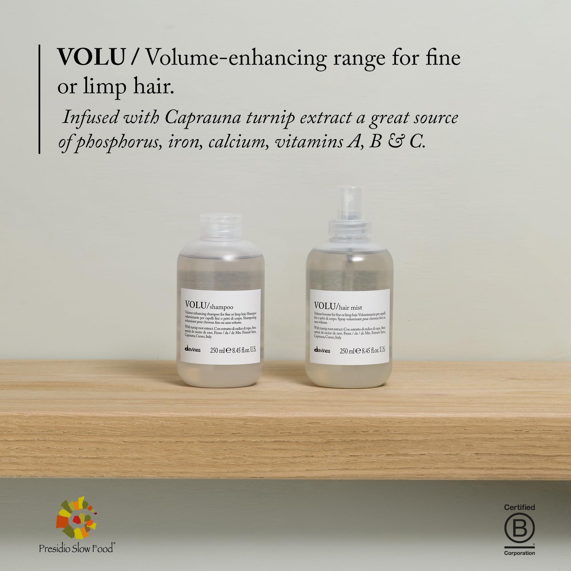 Gray Davines VOLU Shampoo, Volumizing Gentle Cleansing Action for Fine or Limp Hair - Making it Soft and Light with a Lasting Boost of Body and Volume with Turnip Root Extract, 8.45 Fl Oz
