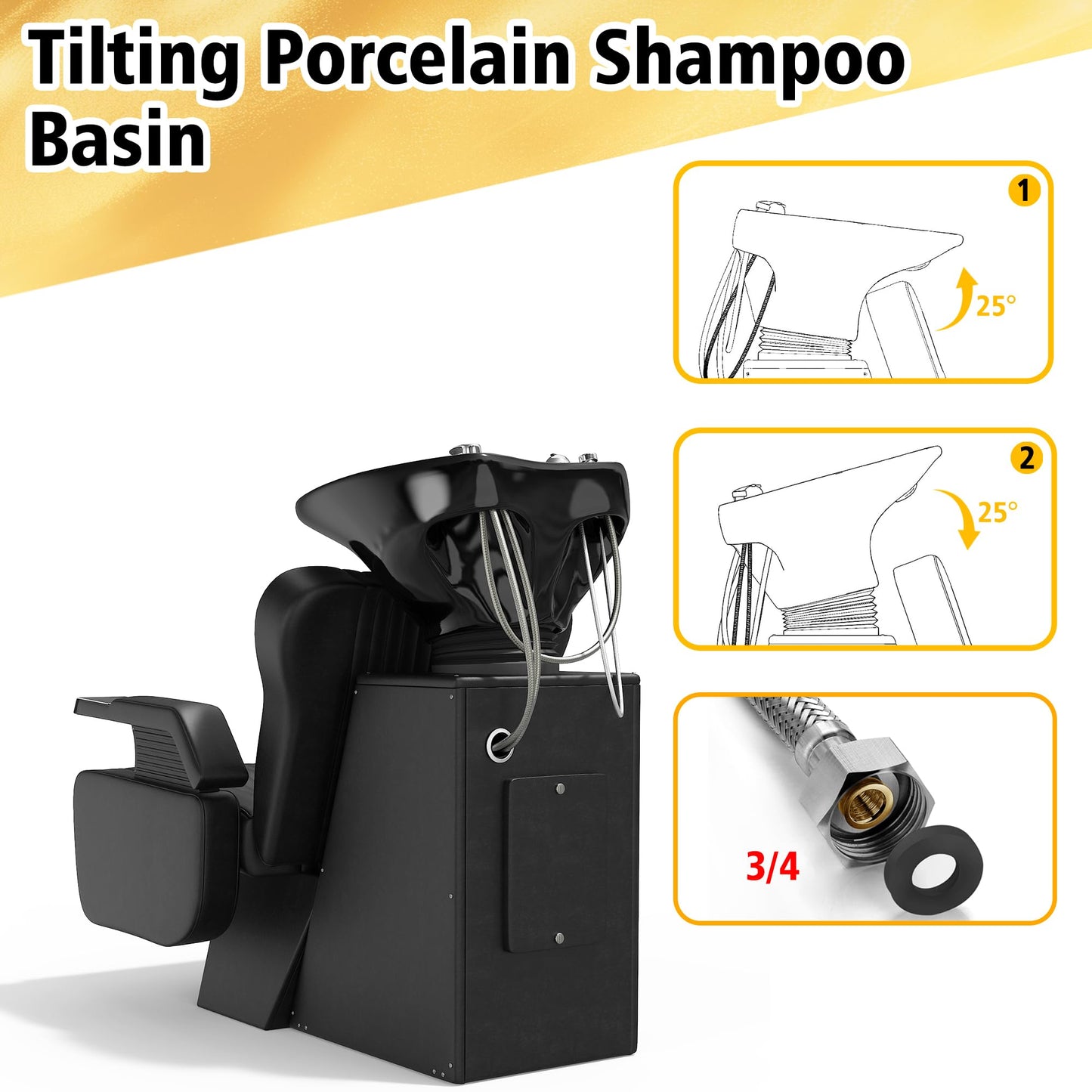 White Smoke KIGOTY Salon Shampoo Backwash Chair, Shampoo Bowl and Chair Set, Hair Washing Station with Large Adjustable Ceramic Bowl, Shampoo Bowl Sink Chair for Salon (Black)