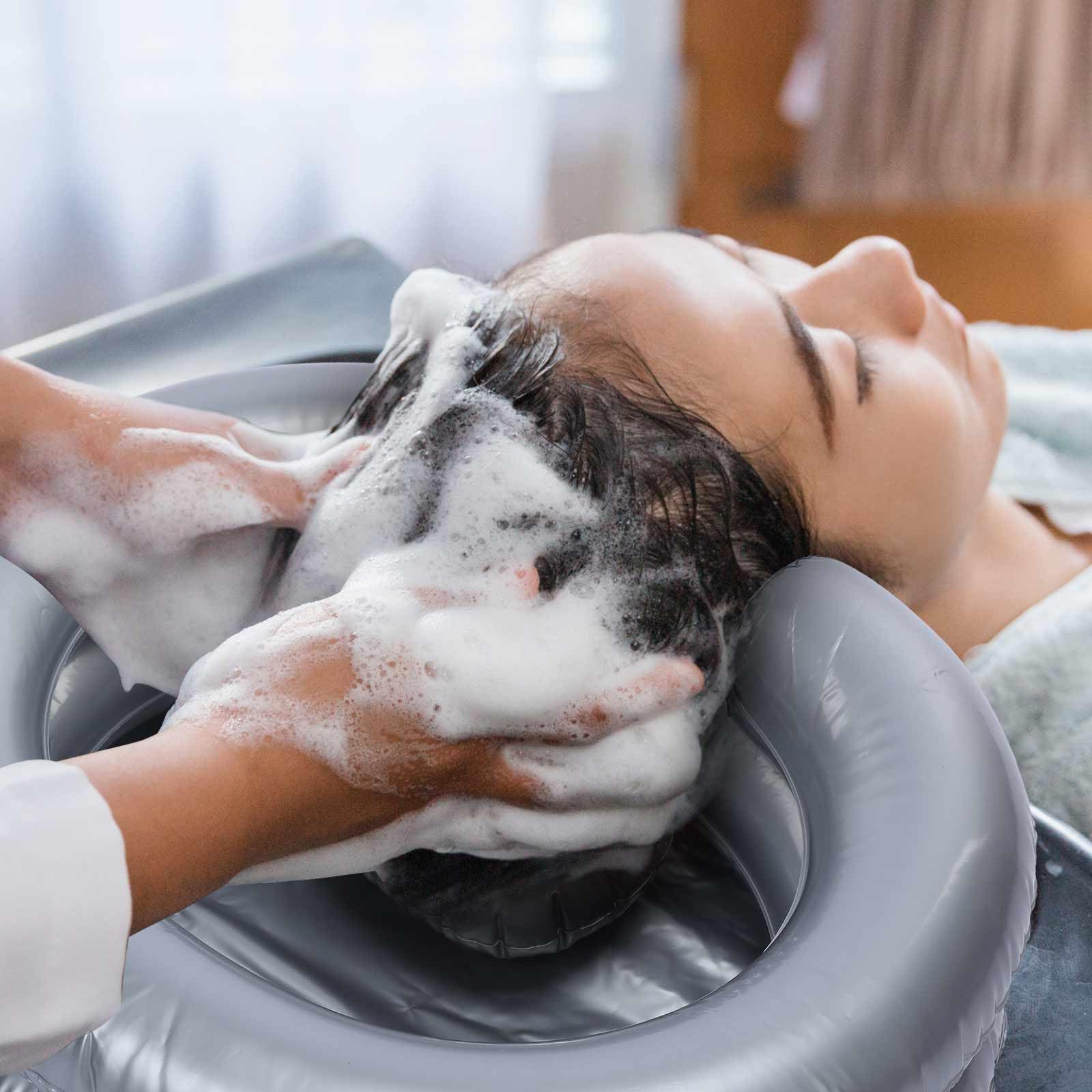 Dark Gray LemonRoad Inflatable Shampoo Basin Set with Inflatable Shampoo Basin Comb Disposable Ear Cover Hairbrush Shower Bag for Elderly Disabled Pregnant Injured Bedridden Handicapped Home Sink for Locs Detox
