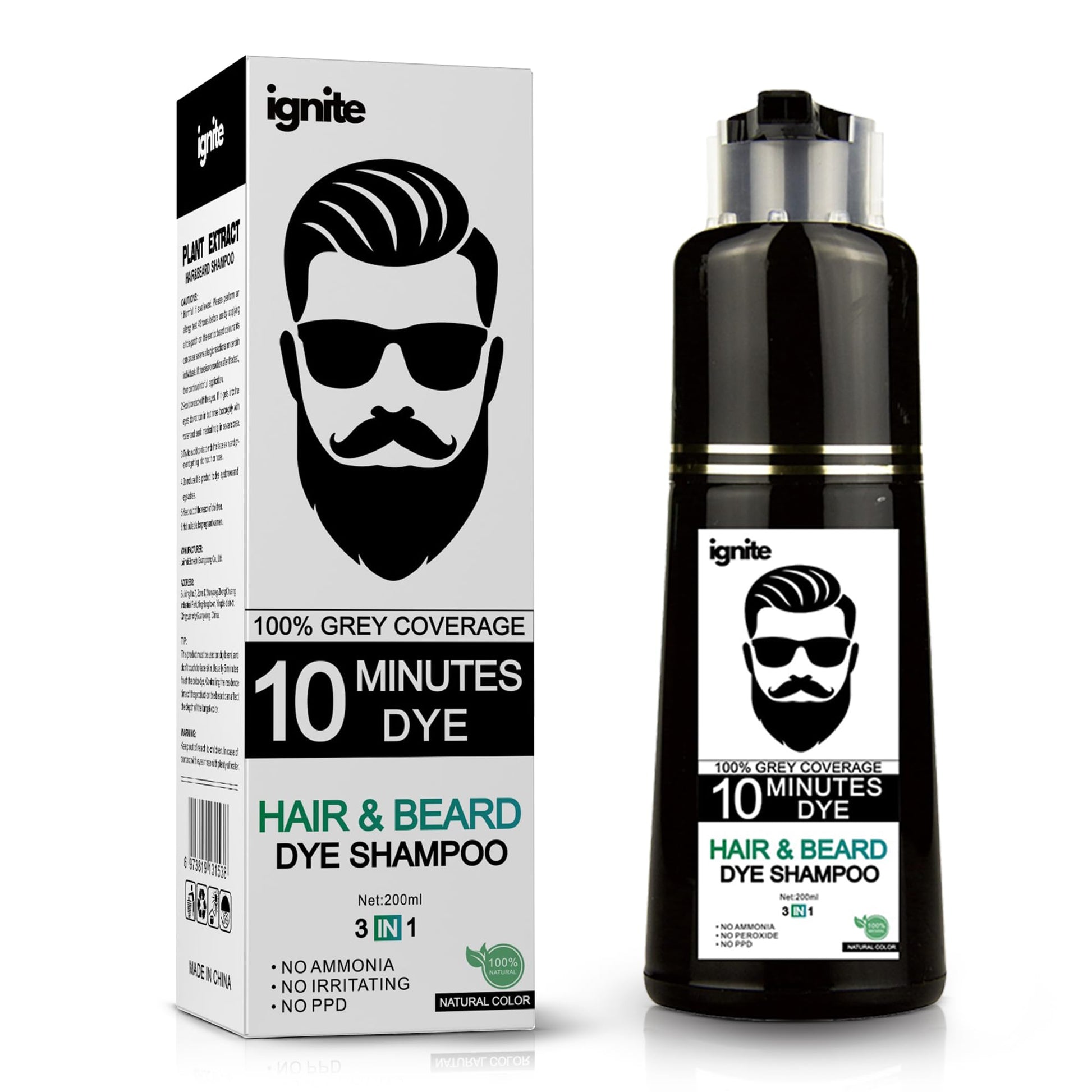 White Smoke Men’s Hair & Beard Dye color Shampoo –100% Grey Hair Coverage – Black Color Dye - Natural Color 3 in 1 Hair Beard mustache Color
