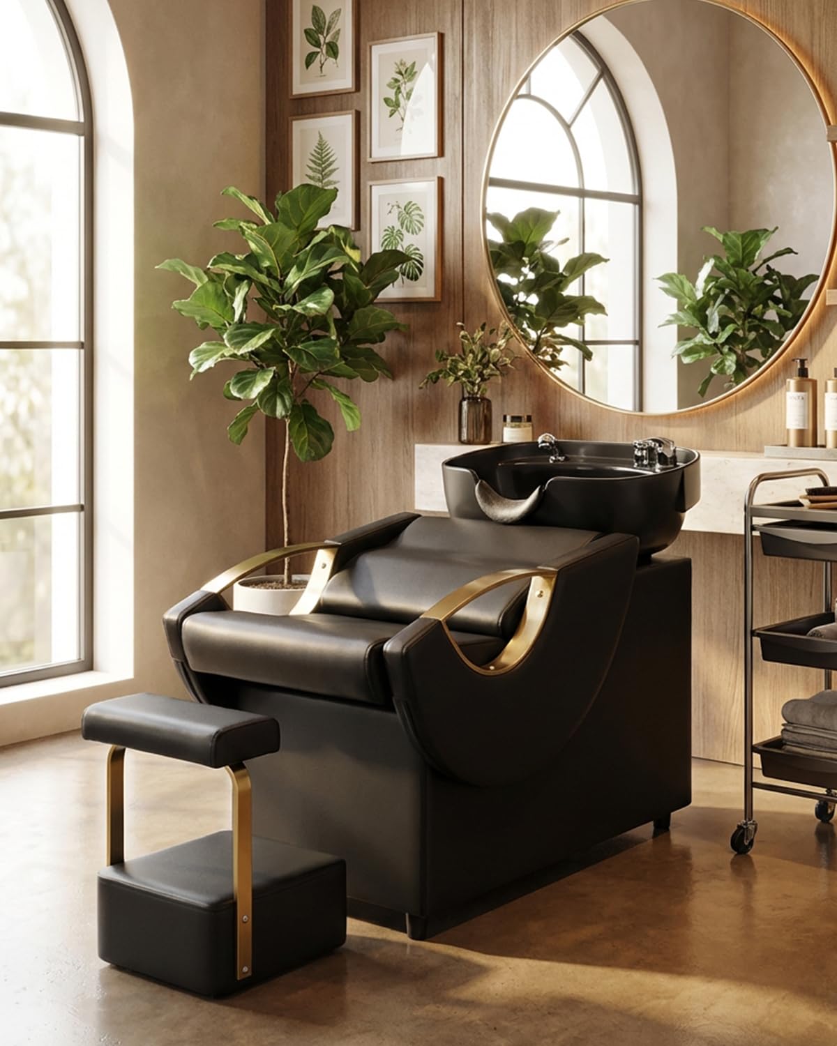 Black IJIALIFE Salon Shampoo Bowl and Chair Set with Footstool – Modern Black & Gold Barber Backwash Chair, Heavy Duty 450lbs Hair Washing Chair with Deep ABS Basin & Neck Rest for Spa Beauty Stylist