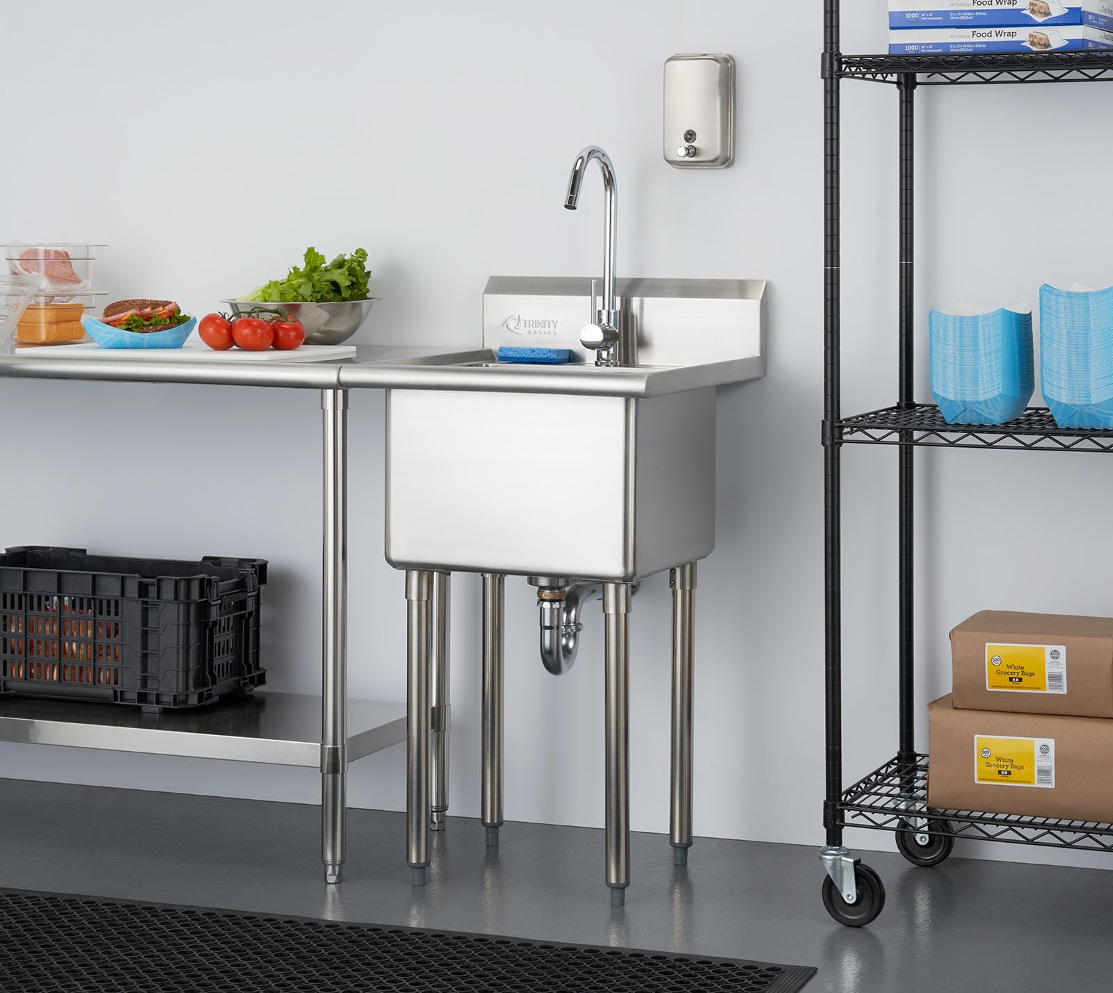 Light Gray TRINITY BASICS 21.5in Freestanding Stainless Steel Utility Sink, NSF Sink For Laundry Room, Garage, Shop, Kitchen Prep, Food Truck, Dog Wash, with Hot/Cold Pullout Chrome Faucet, 21.5” x 24” x 49.2”