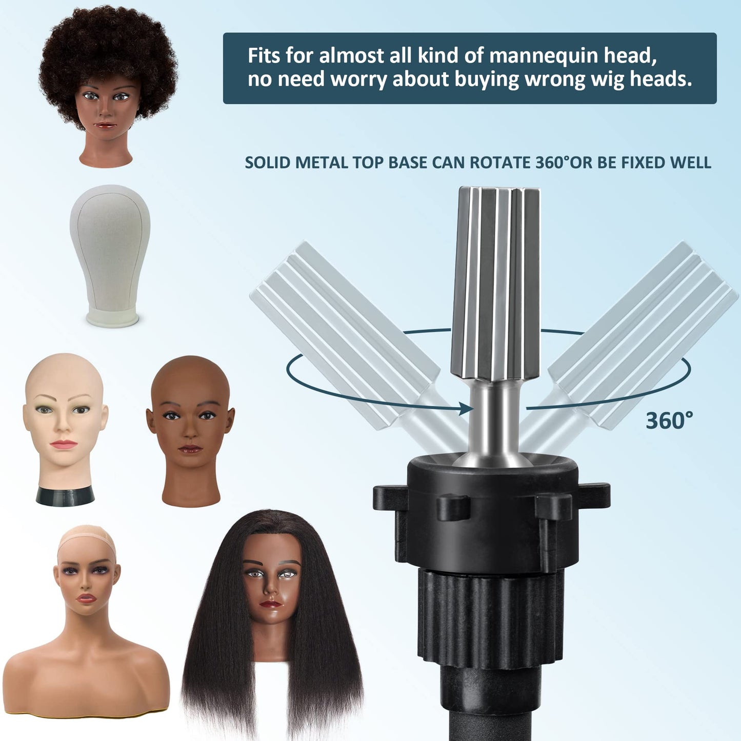 Alice Blue Klvied Wig Stand Tripod Upgraded, Mannequin Head Stand Double Locking, Reinforced Metal Wig Head Stand with Tool Tray, Rose Gold (53.5 Inches)