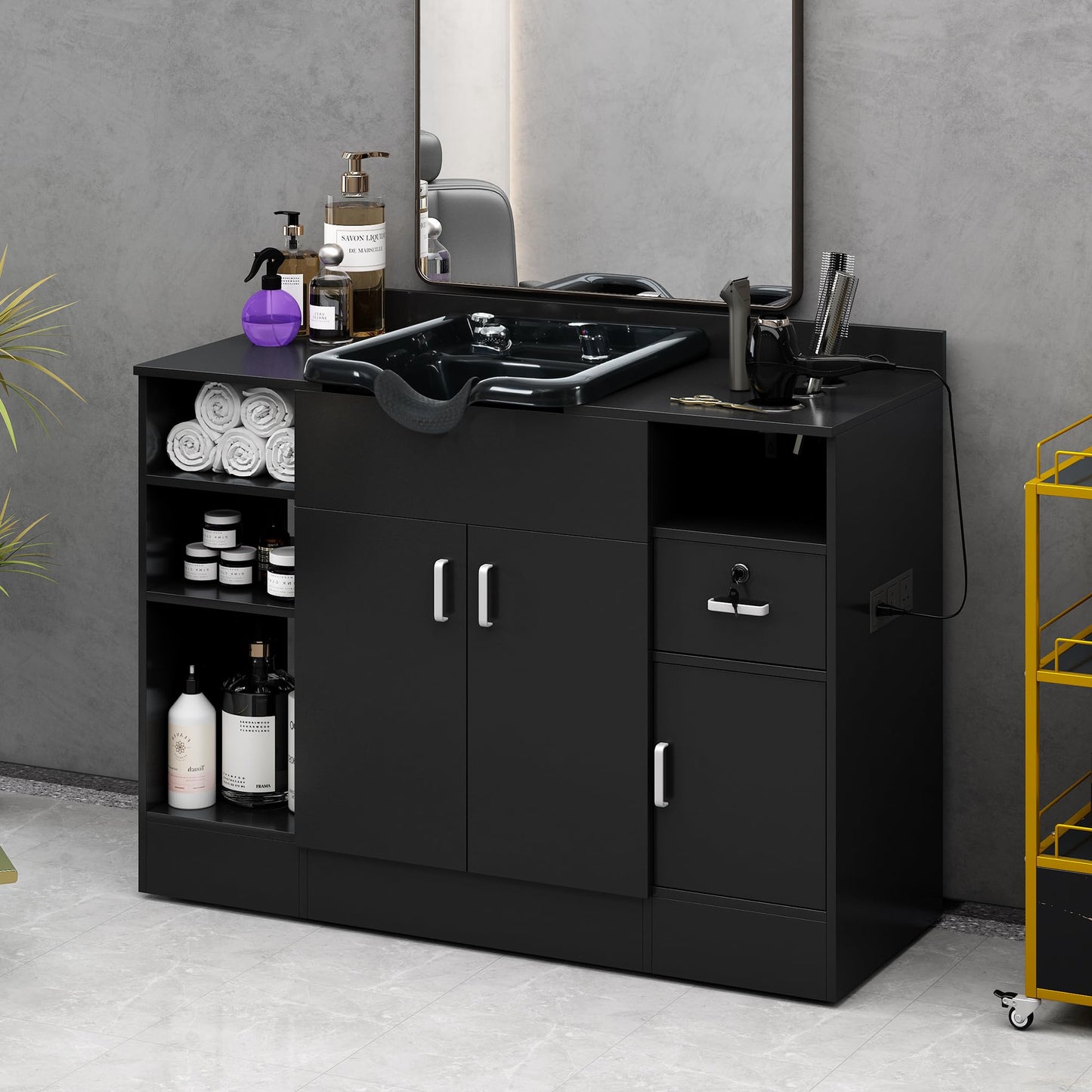 Dark Slate Gray Hair Washing Station Multi-Functional Shampoo Stations for Salons Portable Shampoo Bowls for Salons with Storage Layer Salon Sinks for Hair Stylist Shampoo Backwash Station for Beauty Salon (Black)
