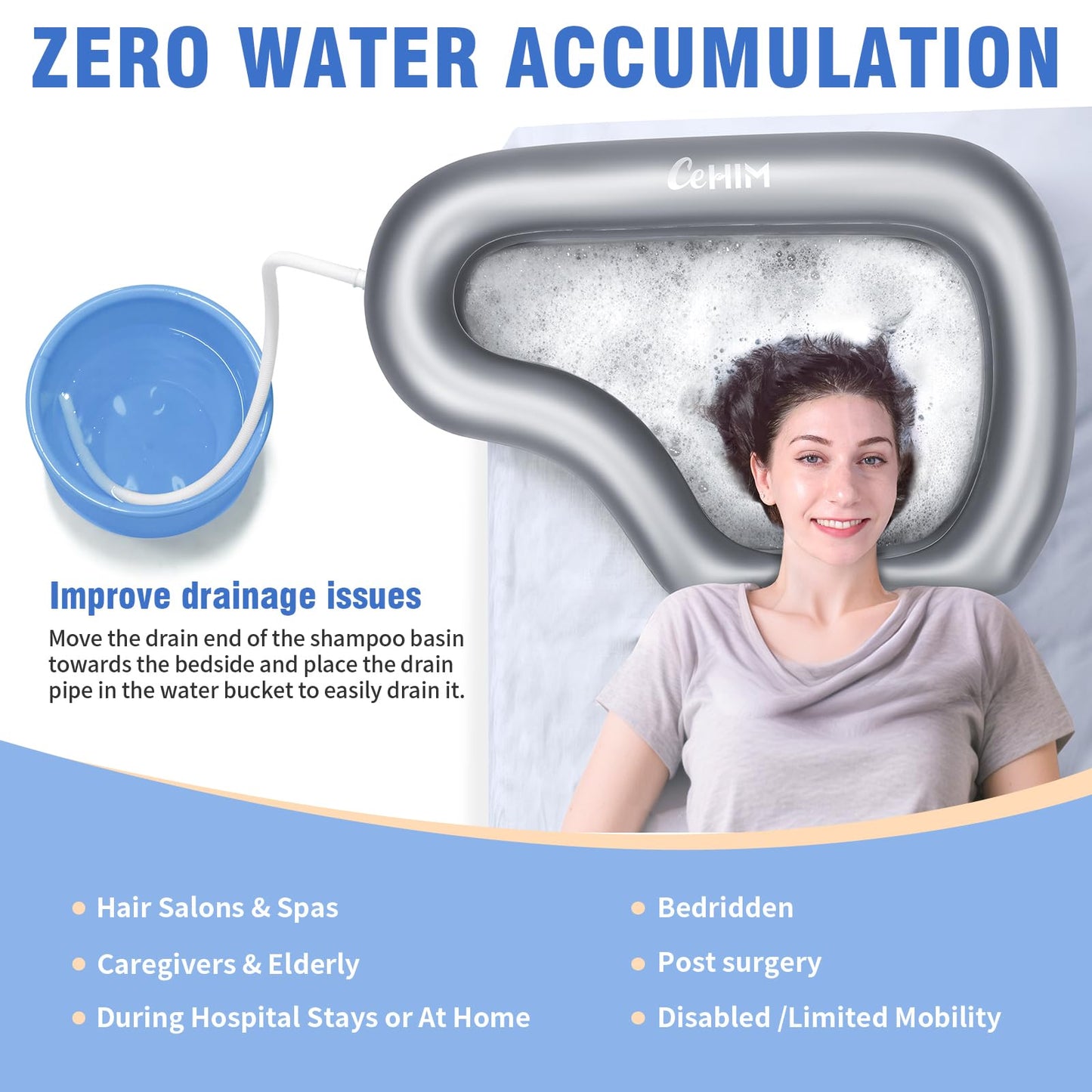White Smoke Inflatable Portable Shampoo Bowl, Hair Washing Bowl with Drain Hose & Neck Support, PVC Inflatable Shampoo Bowl for Bedridden Patients, Disabled, Seniors, Kids, Home Care