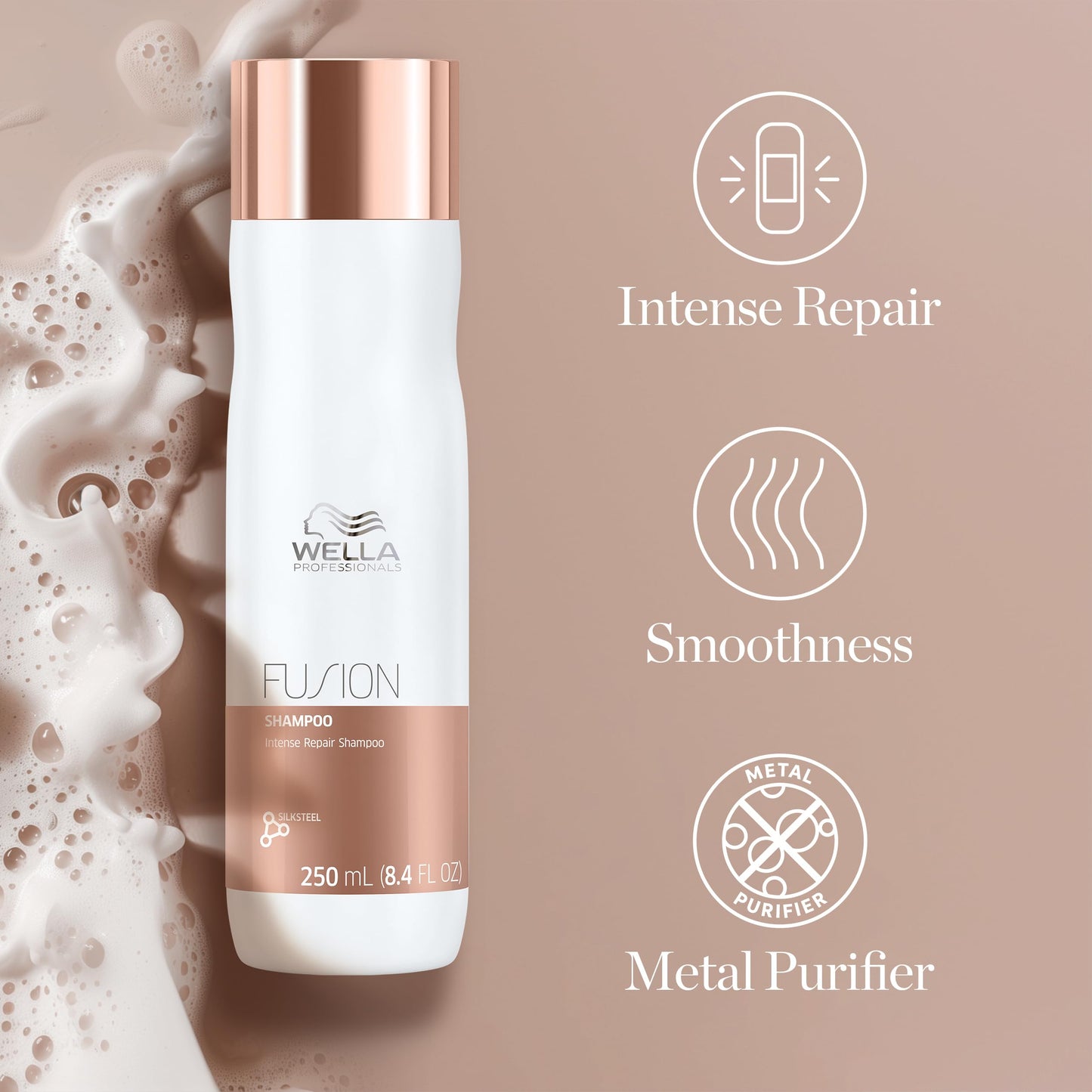 Tan Wella Professionals Fusion Intense Repair Shampoo for Damaged Hair | Repairs, Strengthens & Protects Against Breakage for Smooth, Silky Hair | 8.4 Fl Oz