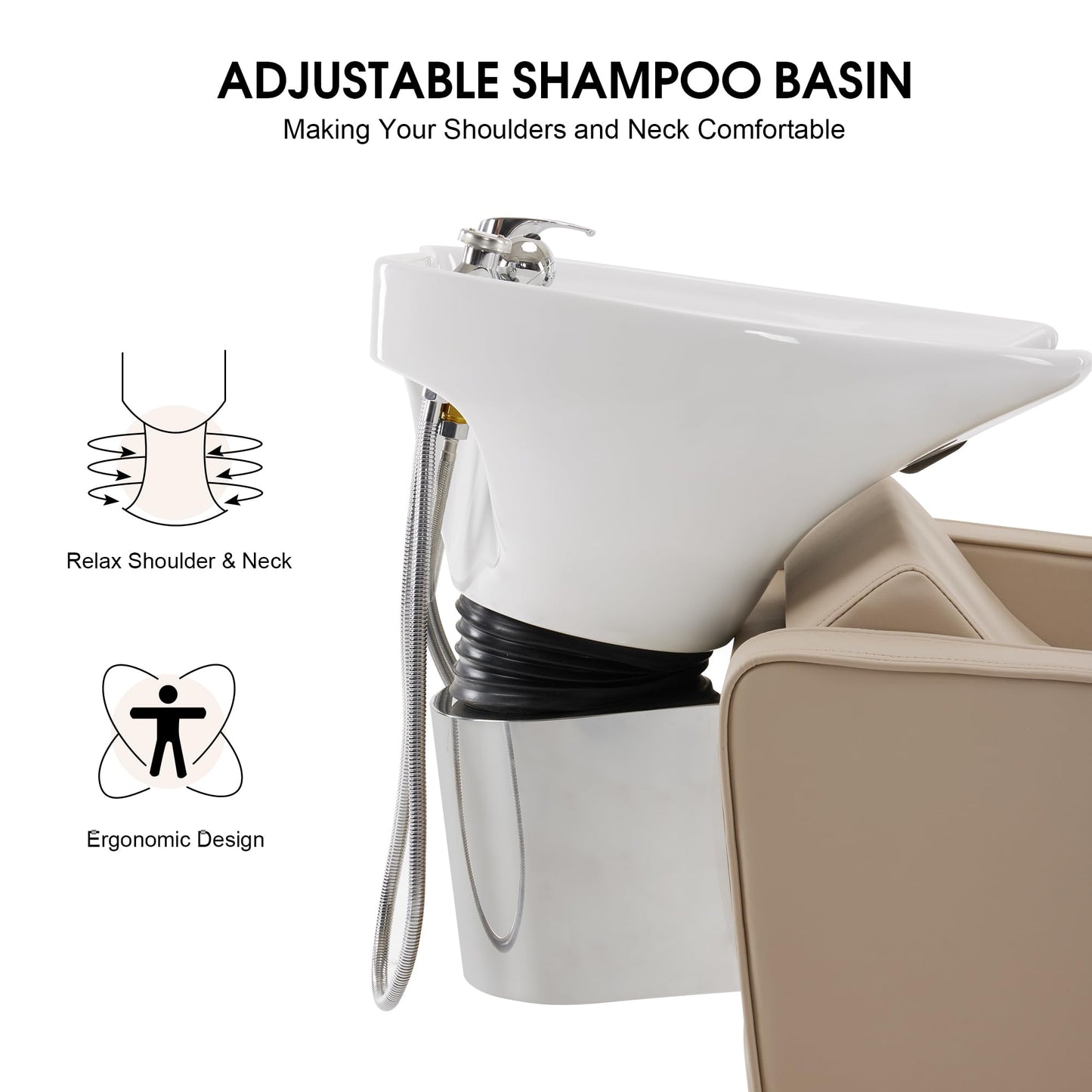 White Smoke BarberPub Backwash Shampoo Station Chair, Adjustable Porcelain Ceramic Hair Wash Bowl Sink Unit Station, Reclining Shampoo Station Chair for Spa Beauty Salon Hair Salon Equipment 9303 (Beige)