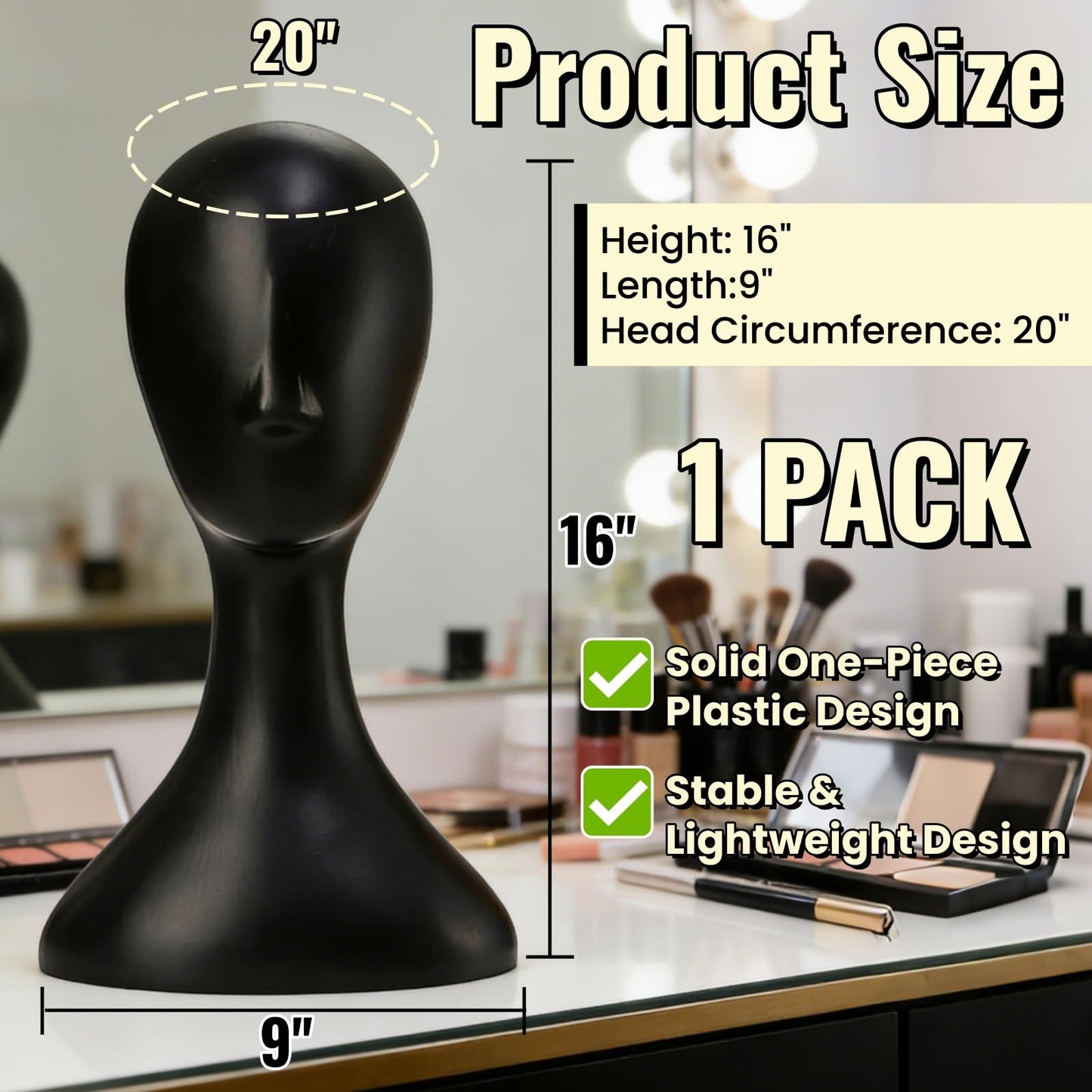 Dark Gray Acshio Professional Plastic Mannequin Head, 16 Inch Model Wig Head Stand with Neck for Women Men, Styling Making Display Holder with Jack for Hat, Mask, Headdress, Necklace, Black