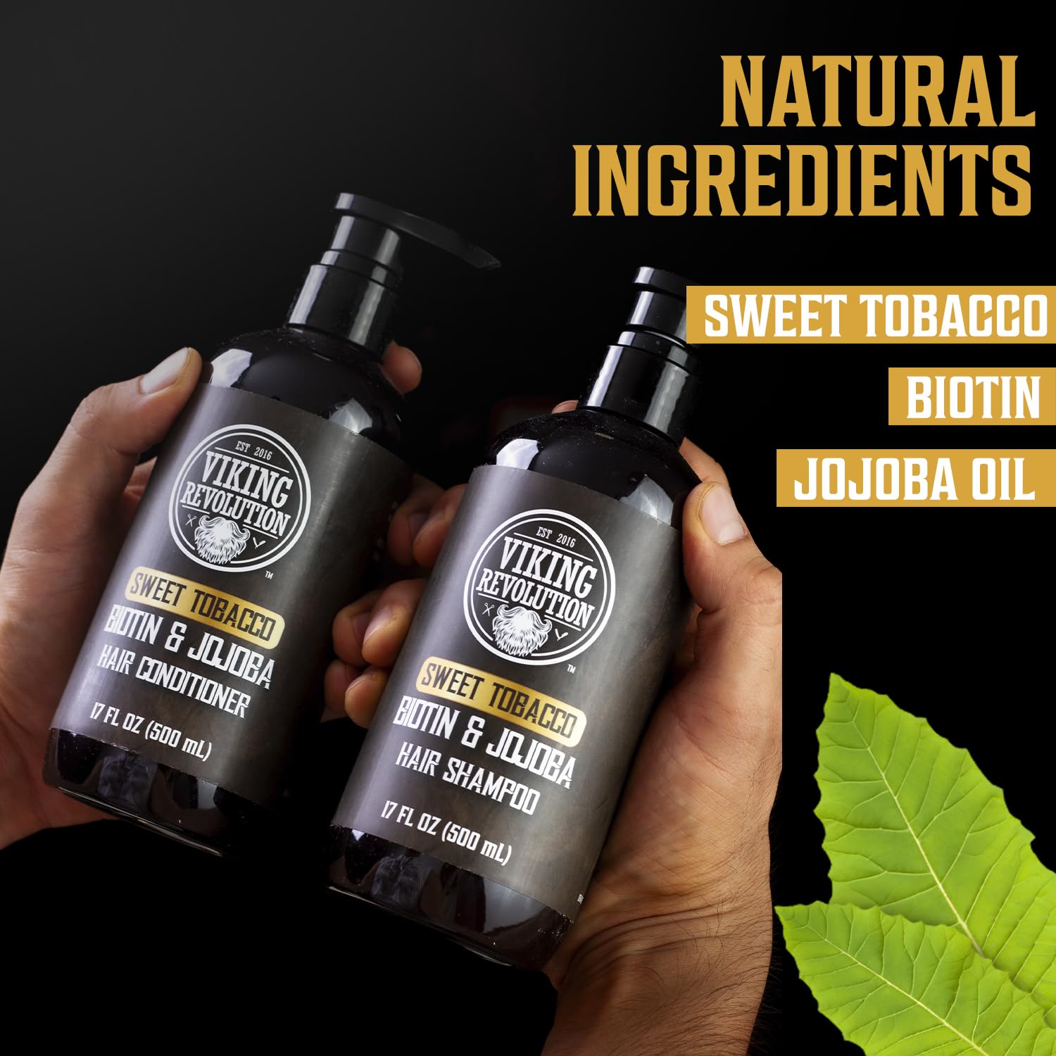Black Viking Revolution Sweet Tobacco Mens Shampoo and Conditioner Set with Biotin and Jojoba Oil - Natural Hair Shampoo and Hair Conditioner for Men with Vitamin B5 - Mens Shampoo for Thinning Hair (17Oz)