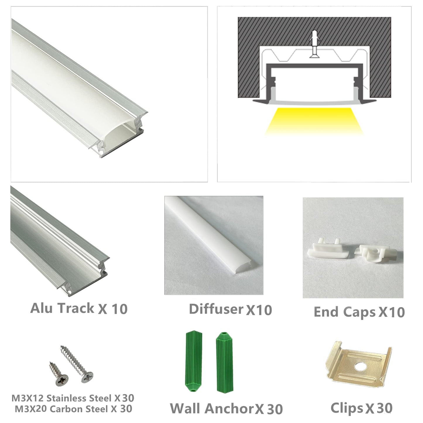 White Smoke THMOOTHER 10-Pack 3.3FT 1M Recessed LED Strip Channel Diffuser System, 25X7MM Collar Aluminum Low Profile for Standing Cabinet Floating Shelf Alcove Routed Slot Tape Light with Milky Cover and Clips