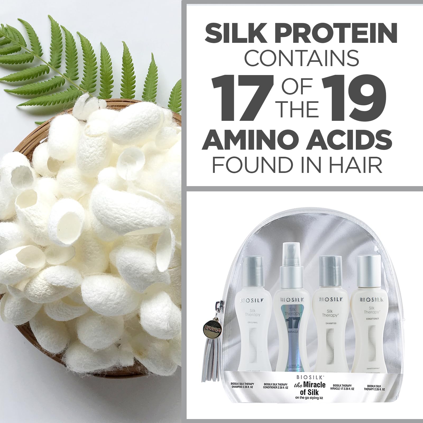 White Smoke Biosilk The Miracle of Silk Kit, Includes Silk Therapy Shampoo, Conditioner, Original Leave-In Treatment, Miracle 17 Leave-In Treatment, 2.26 Oz Each
