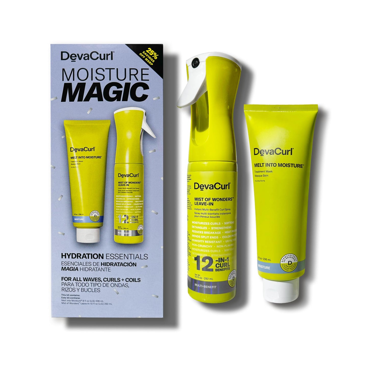 White Smoke DevaCurl Moisture Magic Hydration Essentials Kit | Melt in Moisture Mask | Mist of Wonders Leave-In 12-in-1 Multi Benefit Curl Spray