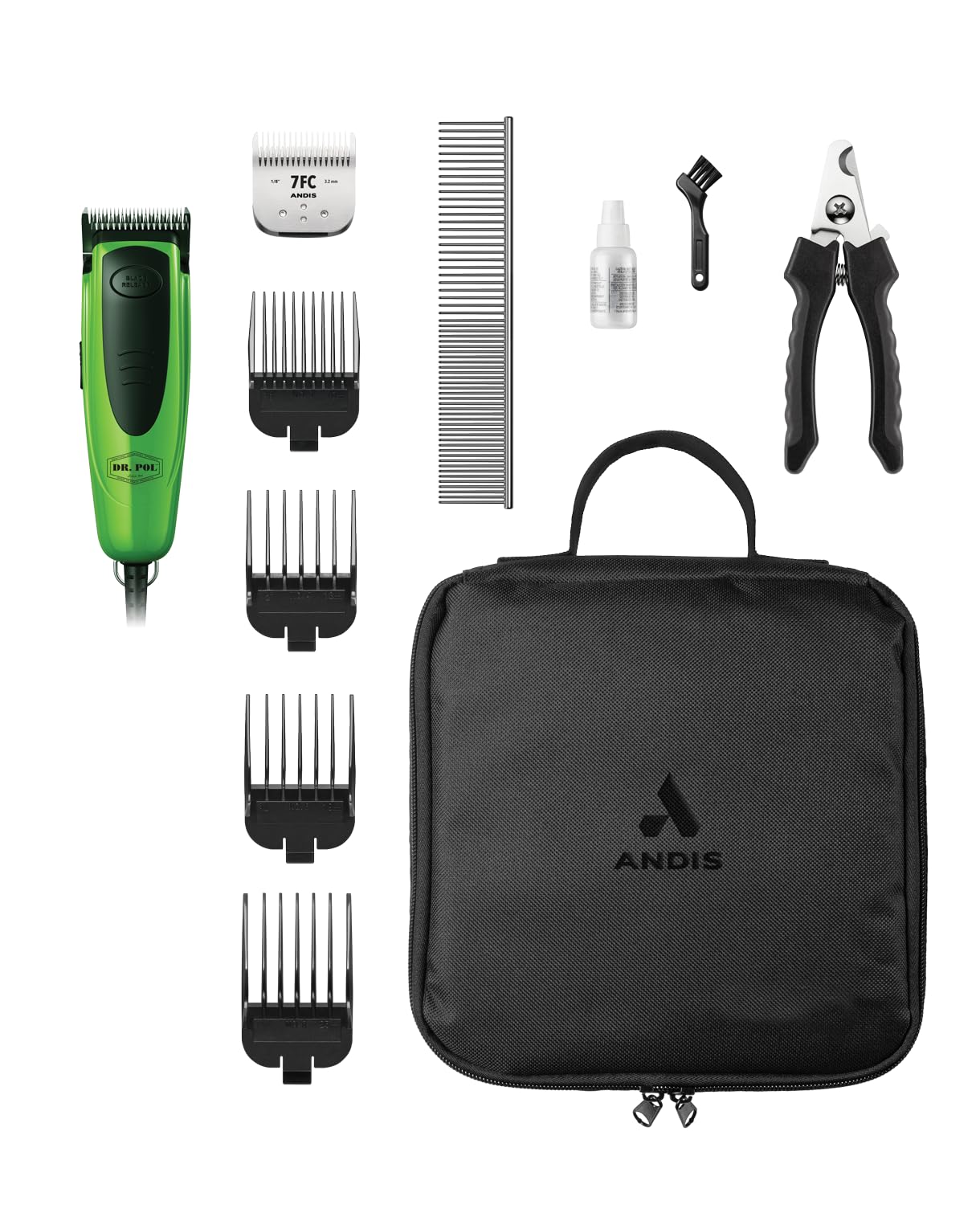 White Smoke Andis Dr. Pol Easy Clip Versa Clipper Kit - Complete Grooming Solution with Detachable Blades, Attachment Combs, Nail Clipper & More for Safe, Efficient Grooming of All Dog Types, Green, 561121