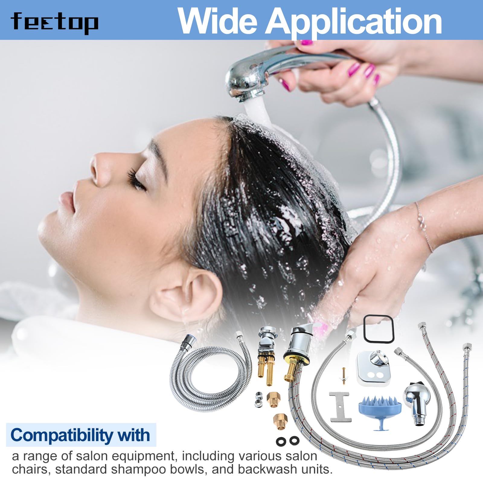 White Smoke Salon Shampoo Bowl Vacuum Breaker Kit & 1/4" Shampoo Bowl Sprayer Hose Kit with Hair Brush - Hair Salon Sink Sprayer Hose Replacement Set for Sink Shampoo Bed (11 Pcs)