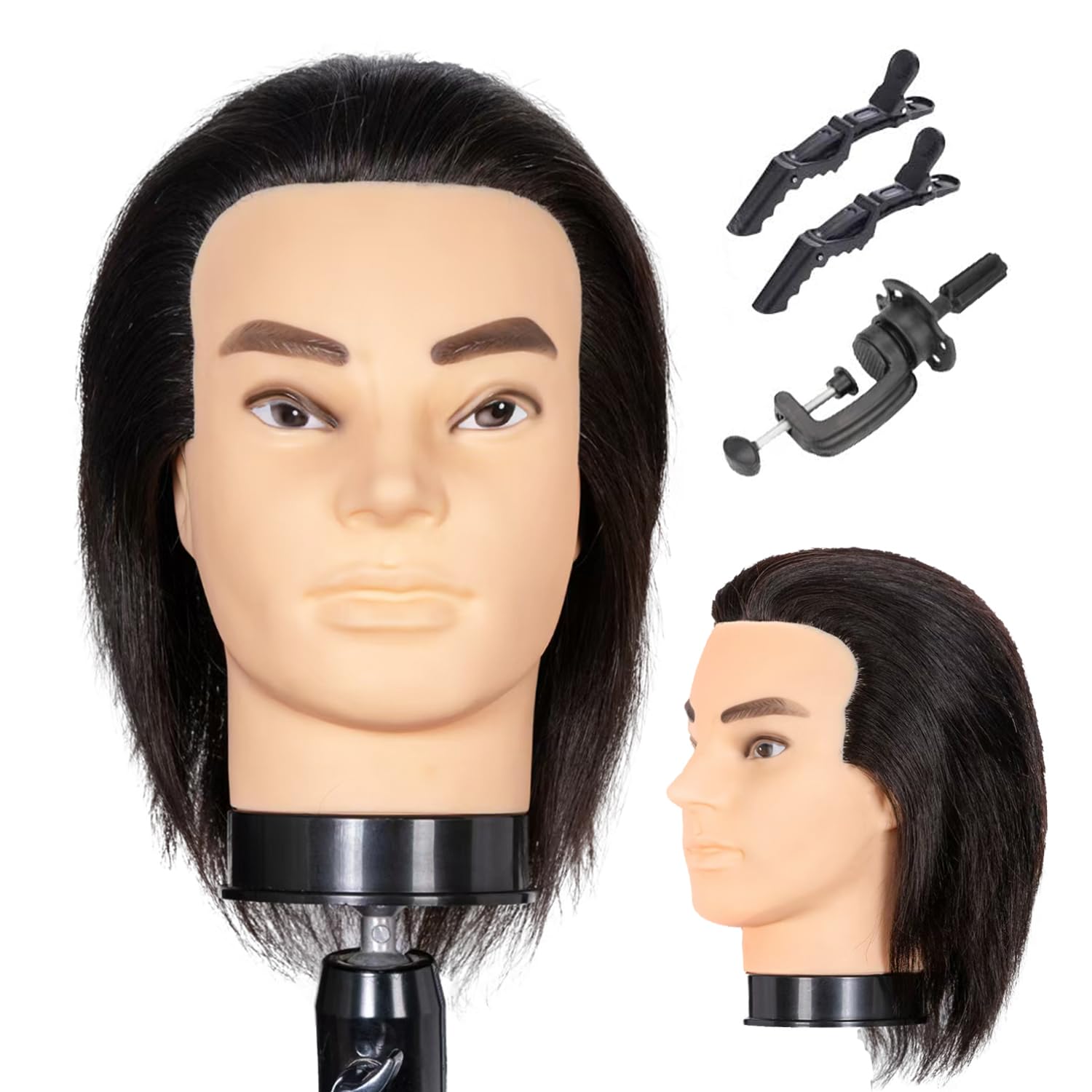 White Smoke Male Mannequin Head with Beard 100% Real Human Hair Haircut Training Head for Cosmetology Manikin Head Doll Head with Stand Practice Cutting Styling,Barber Shop,Cosmetology School