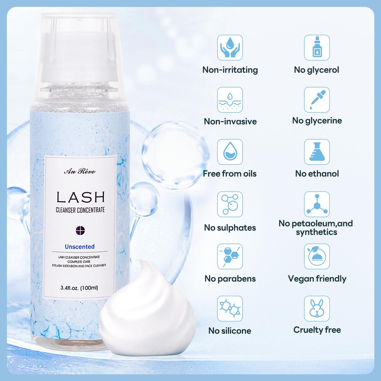 White Smoke AuReve Lash Shampoo Concentrate 100ml Lash Extension Cleanser Oil-Free Eyelash Extension Shampoo with Salon Home Care -Makes 20 Bottles 60ml Lash Shampoo,Unscented