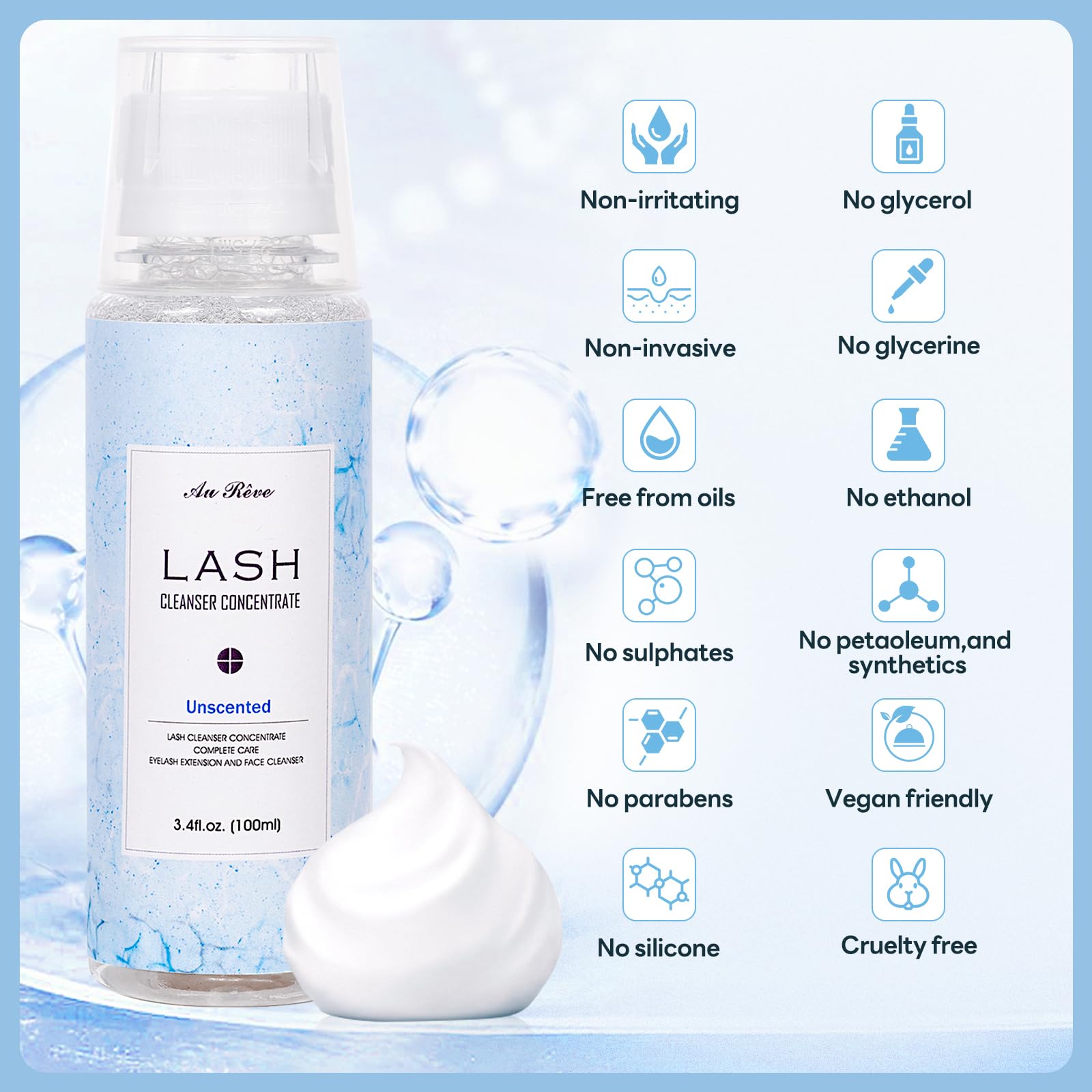 White Smoke AuReve Lash Shampoo Concentrate 100ml Lash Extension Cleanser Oil-Free Eyelash Extension Shampoo with Salon Home Care -Makes 20 Bottles 60ml Lash Shampoo,Unscented