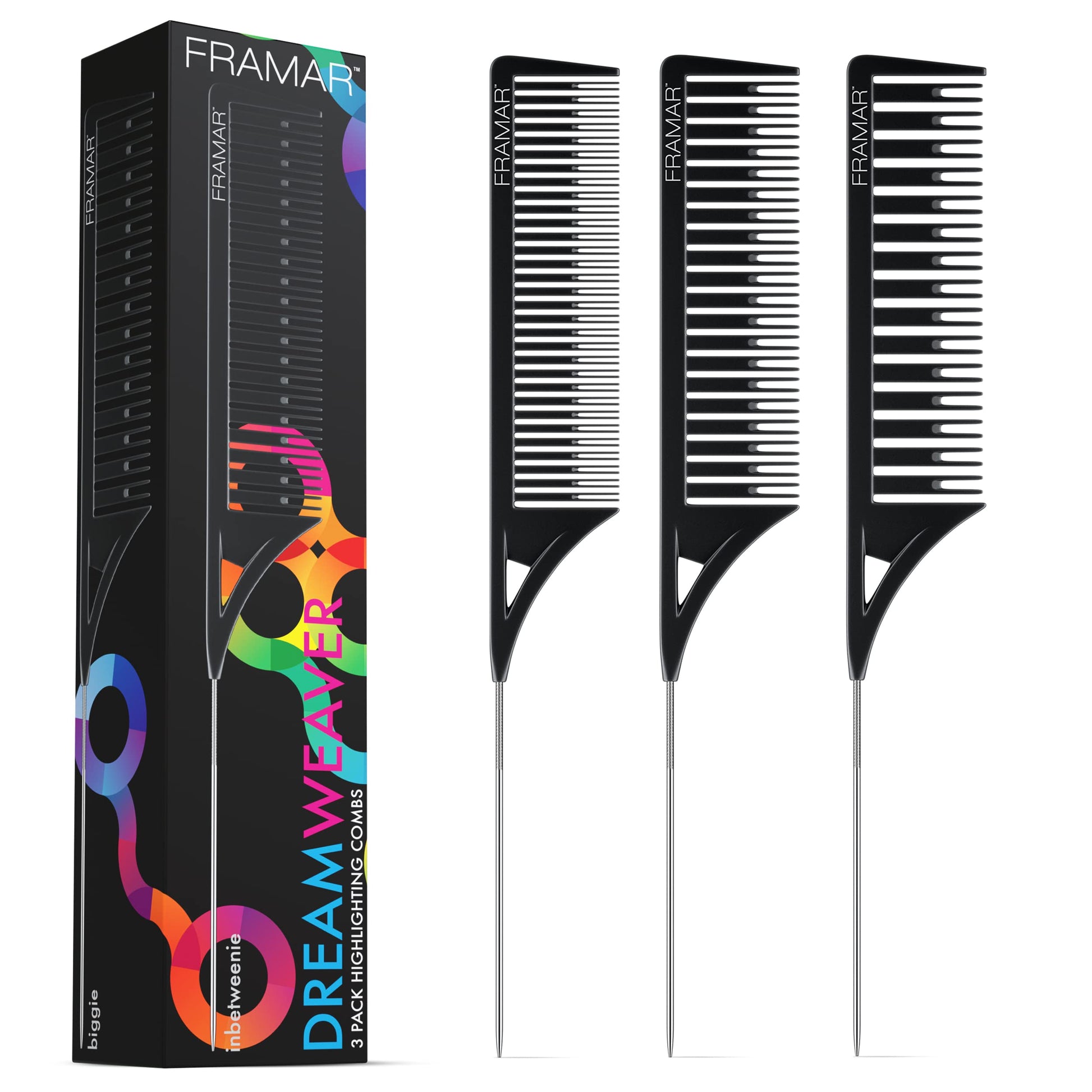 White Smoke FRAMAR Dreamweaver Highlight Comb Set - Professional Highlighting Comb With Parting Tip, Foiling Combs For Highlighting, Highlight Combs For Highlighting – 3 Pack Black