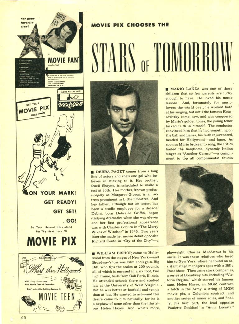 Beige Mario Lanza Debra Paget 1 page original clipping magazine photo lot #C0284