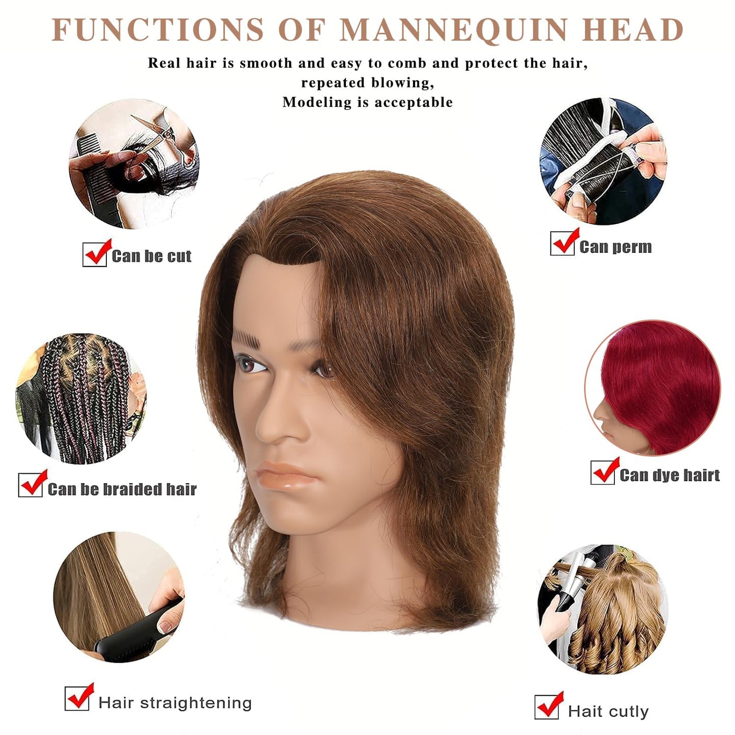 White Smoke TKIMHEQ 12" Male Mannequin Head with 100% Human Hair Haircut Training Head for Cosmetology Straight Thick Hair Manikin Head Doll Head with Stand Practice Cutting Styling (Brown#)