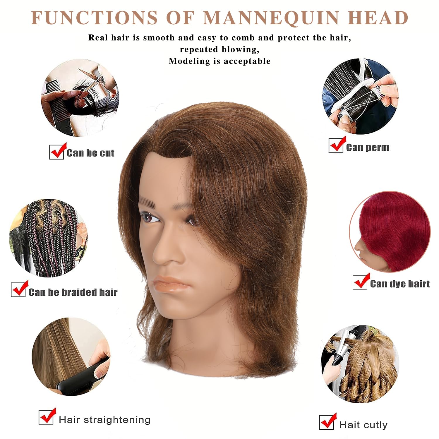 White Smoke TKIMHEQ 12" Male Mannequin Head with 100% Human Hair Haircut Training Head for Cosmetology Straight Thick Hair Manikin Head Doll Head with Stand Practice Cutting Styling (Brown#)