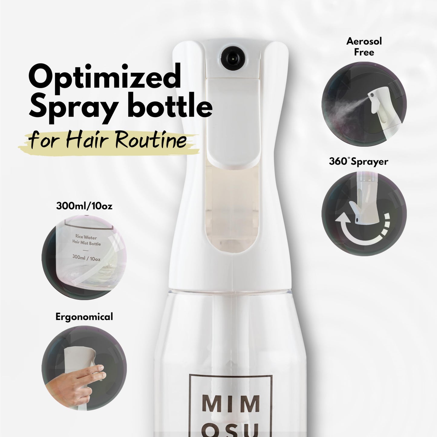 White Smoke mimosu Continuous Mist Spray Bottle, 10oz – Refillable Sprayer for Hair Styling, Salon, Rice Water DIY, Curly Care Product