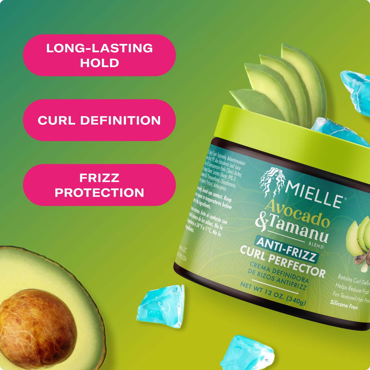 Olive Drab Mielle Organics Avocado & Tamanu Anti-Frizz Curl Cream for Textured Hair - Smoothing & Defining Cream to Lock In Moisture & Enhance Shine - Curly Hair Styling Products for Women & Men, 12oz