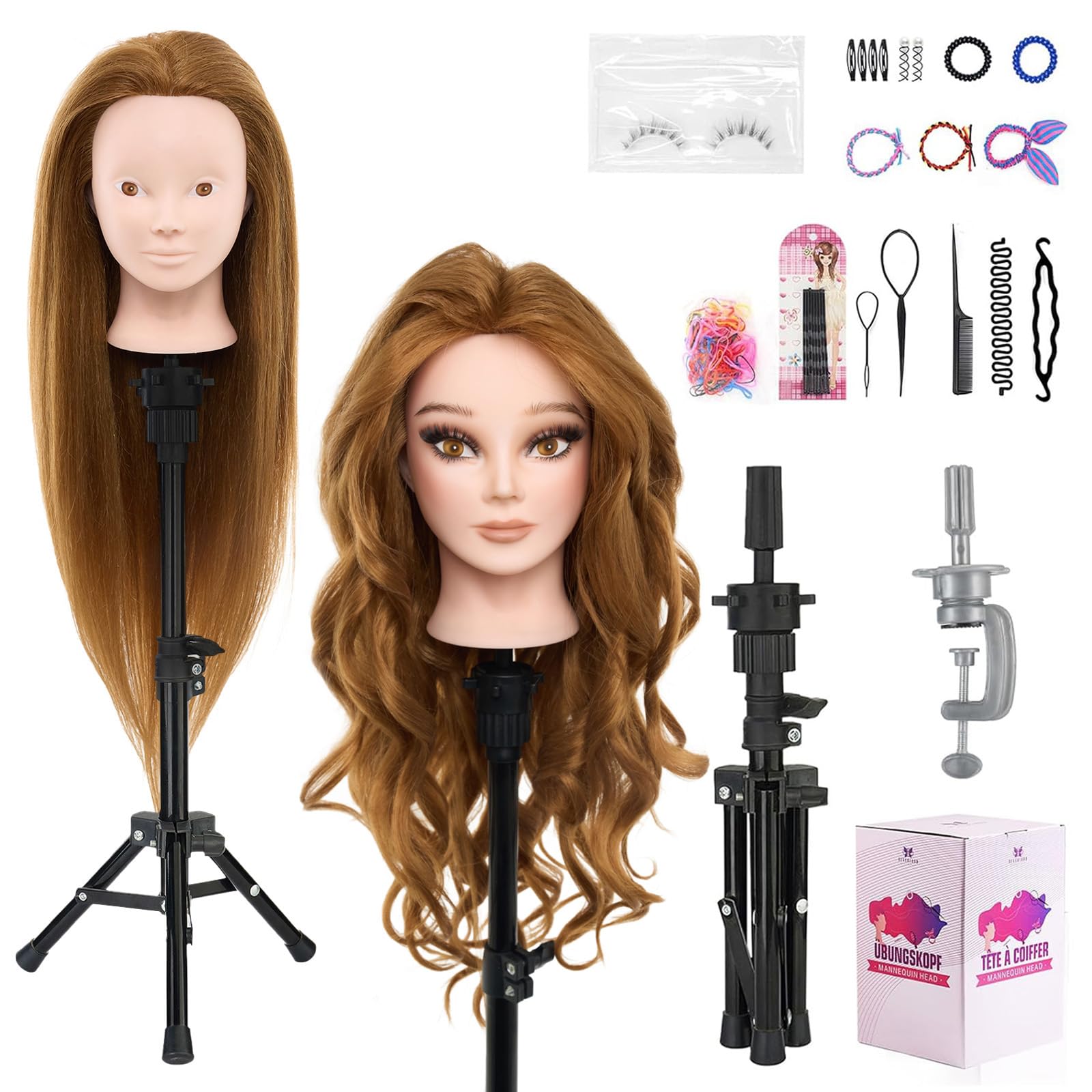 White Smoke Mannequin Head with 80% Real Human Hair with Tripod Stand - 28" Makeup Cosmetology Manikin Doll Head for Hair Styling, Hairdressing Training Head for Braiding Practice Suitable for Hair Extensions