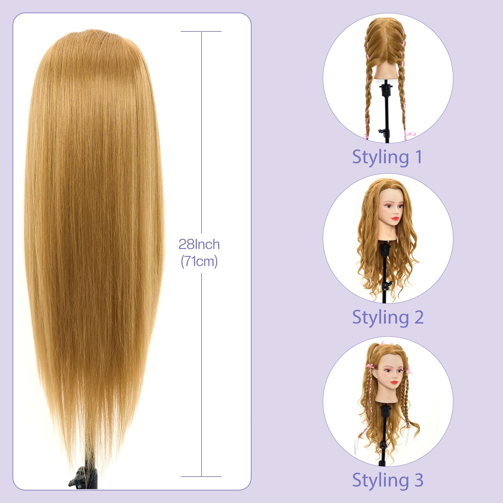 White Smoke Mannequin Head with 90% Real Human Hair - 28 Inch Makeup Cosmetology Manikin Doll Head for Hair Styling, Training Practice Braiding Mannequin Head with False Eyelashes Hair Styling Set