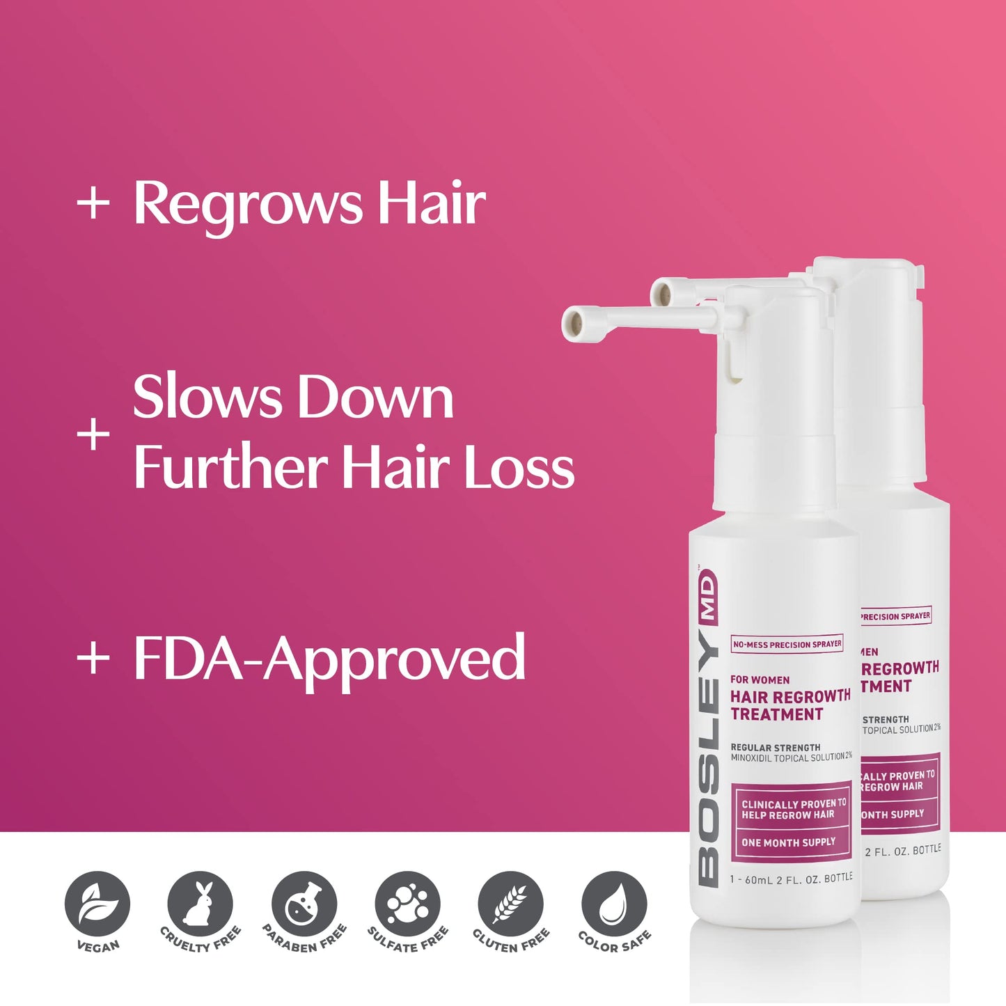 Maroon BosleyMD 2% Minoxidil Spray, Thinning Treatment/Hairspray for Hair Loss and Hair Regrowth for Women, Topical Solution, No Mess Sprayer, 2-Pack, 2-month Supply