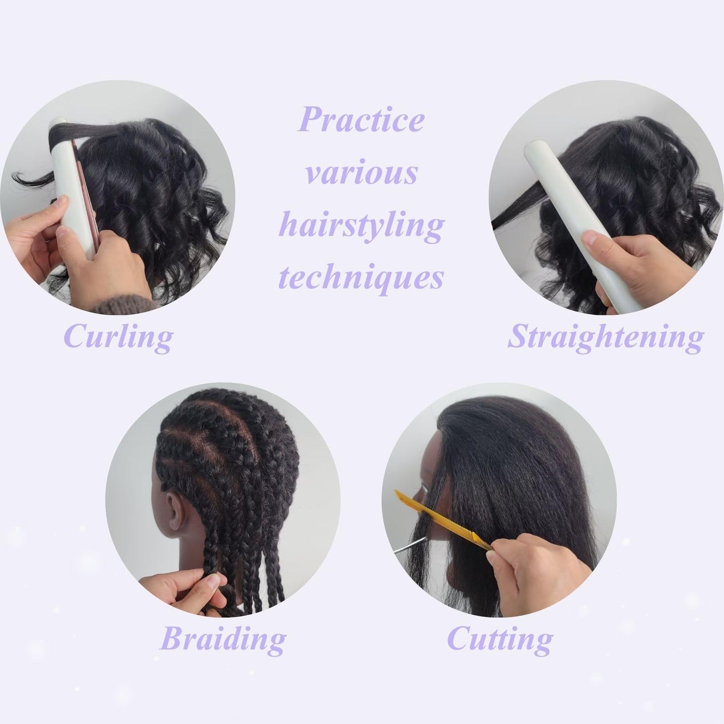 Lavender 16" Black Mannequin Head for Braiding Practice, Mannequin Head with 100% Real Hair Cosmetology Training Doll Head for Hair Styling Kids