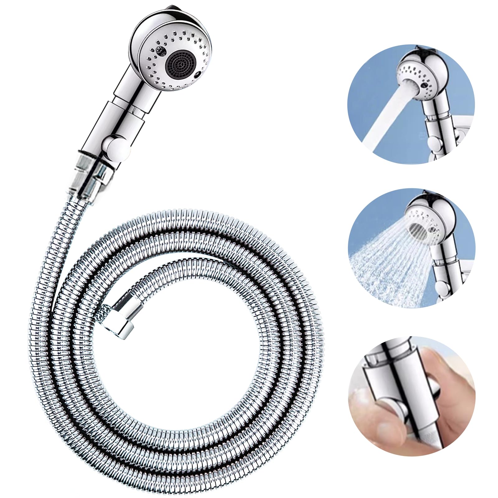 White Smoke Shampoo Bowl Hose and Sprayer, 1/4’’ Nut Stainless Steel Salon Sink Hose with Spray Head Replacement Part to Attach Shampoo Bowl Faucet Vacuum Breaker, Dual Sprayer Model, One Click Water Stop Button