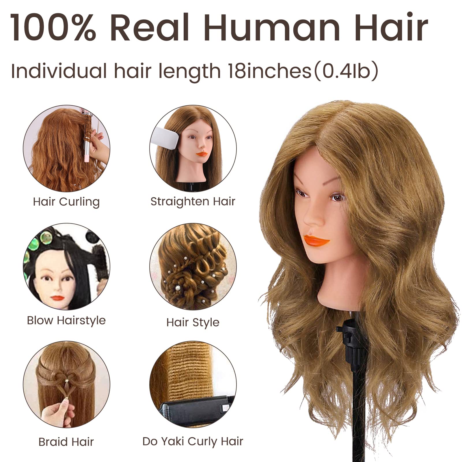White Smoke Mannequin Head with 100% Real Hair for Cosmetology, CENOZ 18" Light Brown Hairdresser Training Head with Clamp Holder and Tool, Doll Head Mannequin Head for Hair Styling Practice