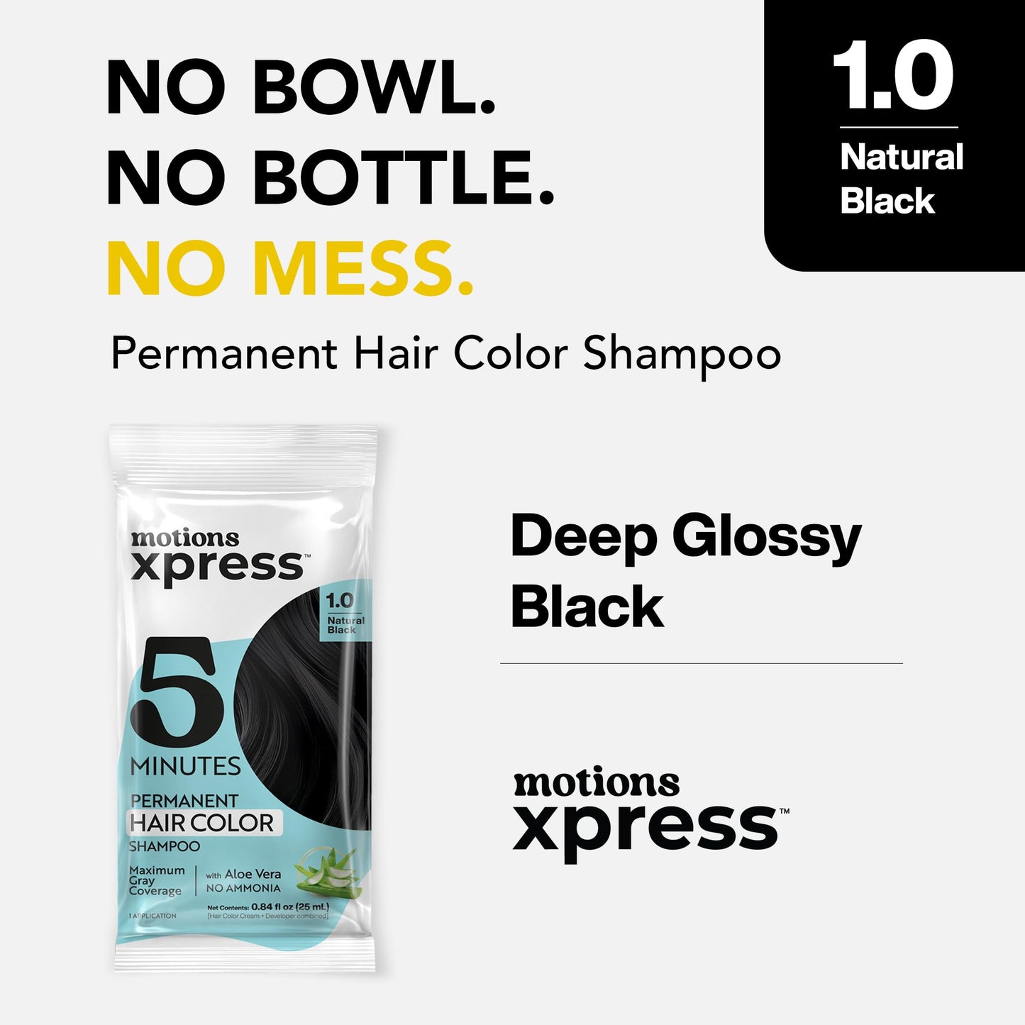 White Smoke Motions Xpress Permanent Hair Color Shampoo Natural Black – 5 Minute Color, Gray Coverage, Ammonia Free, Deep Shine Hair Dye Shampoo, 0.84 Oz