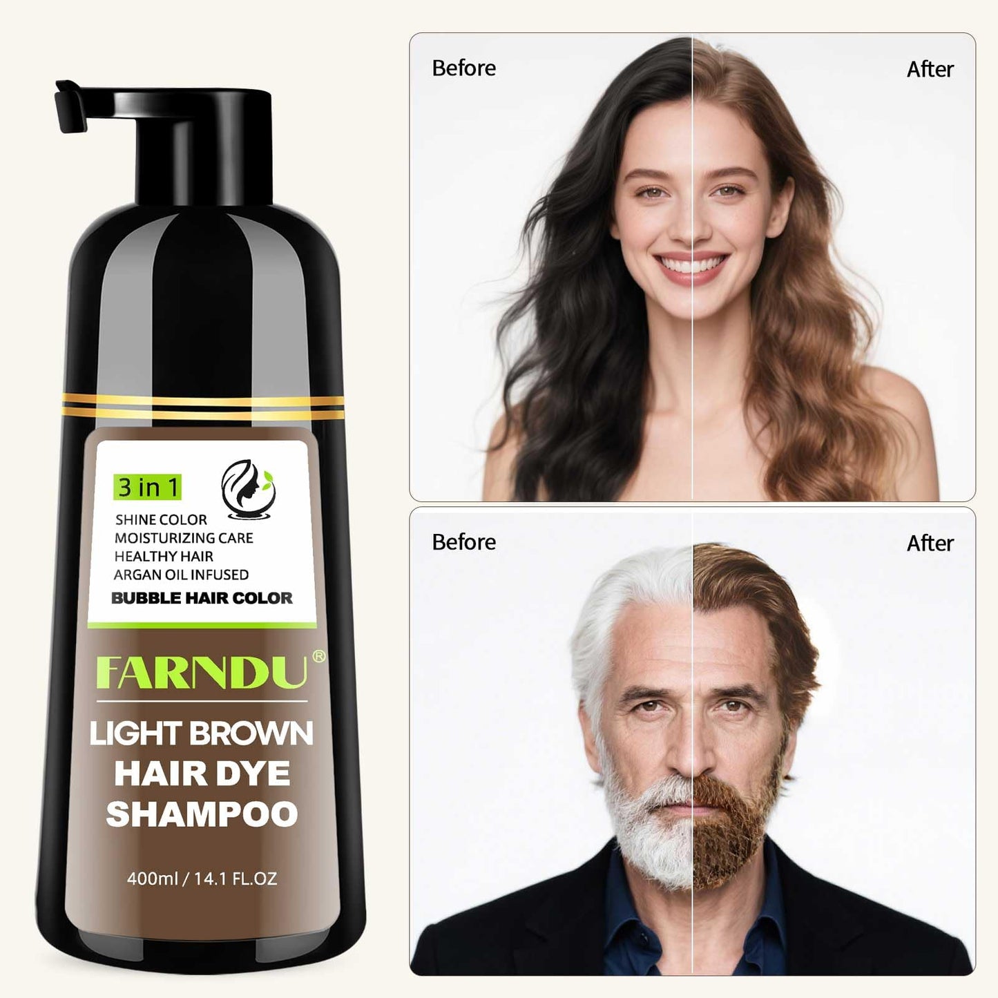 White Smoke Farndu Light Brown Hair Dye Shampoo, 3 in 1 Instant Hair Color with 15 Min Gray Coverage, Natural Semi-Permanent Herbal Shampoo for Men & Women