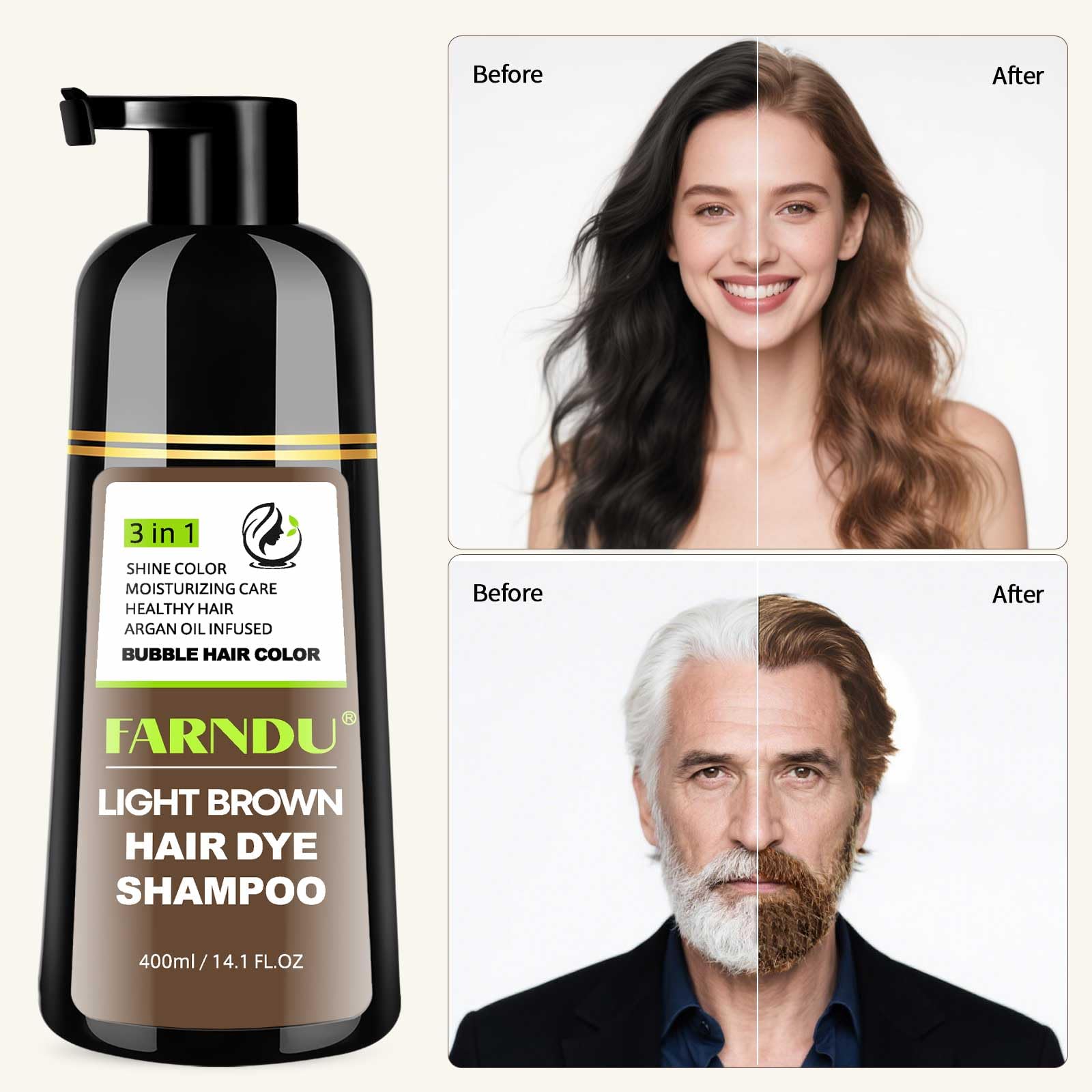 White Smoke Farndu Light Brown Hair Dye Shampoo, 3 in 1 Instant Hair Color with 15 Min Gray Coverage, Natural Semi-Permanent Herbal Shampoo for Men & Women