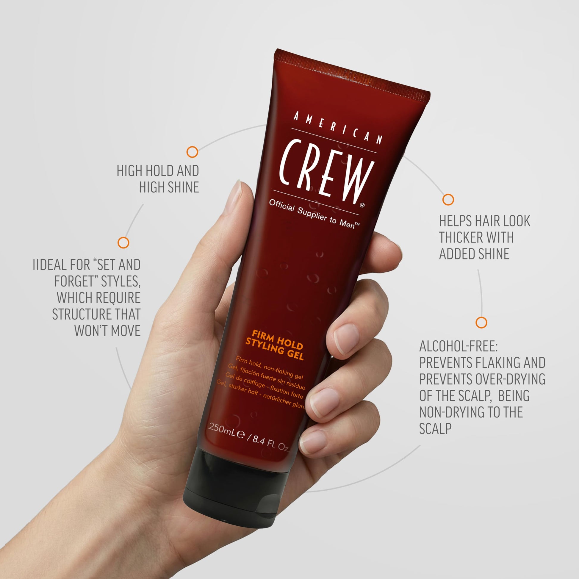 Light Gray American Crew Men's Hair Styling Gel, Firm Hold, Non-Flaking, 8.4 fl oz
