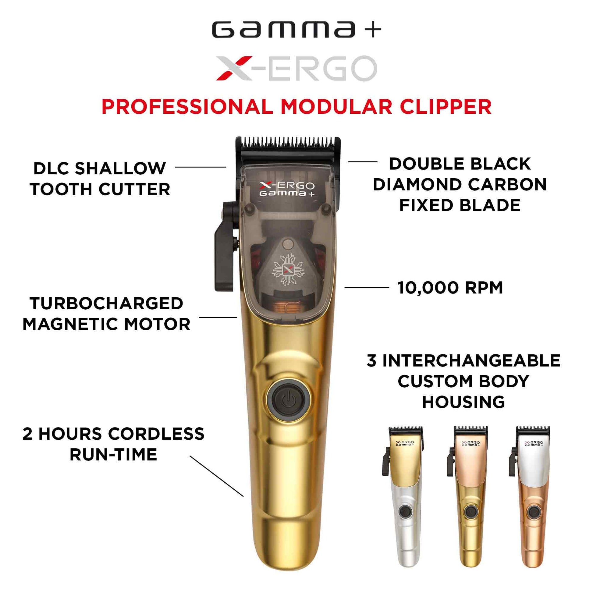 White Smoke GAMMA+ X-Ergo Professional Cordless Hair Clipper 9V Microchipped Magnetic Motor, 3 Custom Lids in Matte Chrome, Gold, Rose Gold