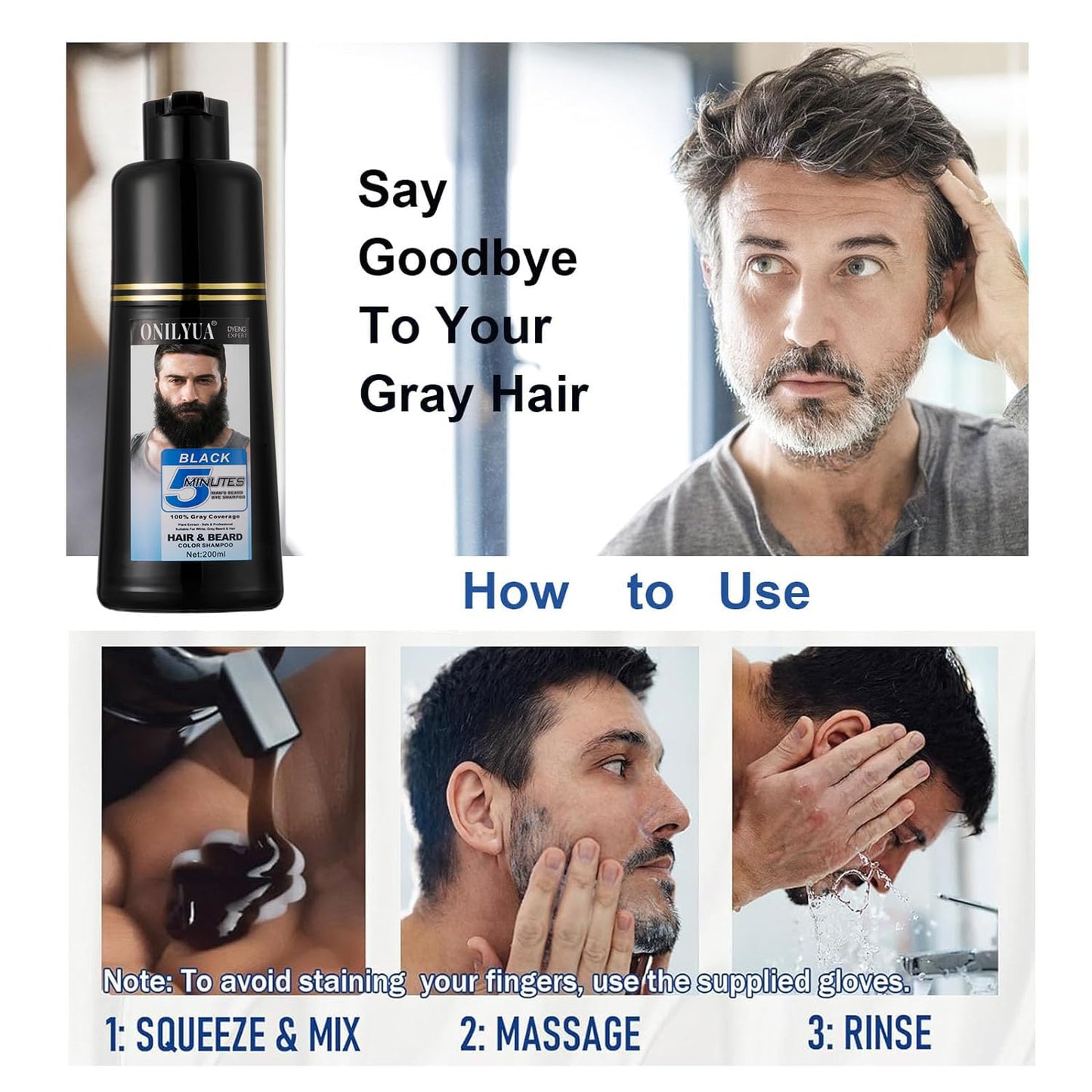 White Smoke Men's Black Beard and Hair Dye Shampoo 3 in 1 - Long-Lasting Herbal Coloring for Gray Hair, Mustache & Beard in Minutes, 6.76 Fl Oz