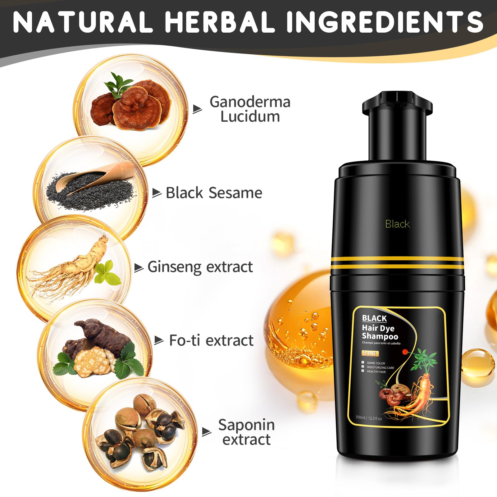 White Smoke IIIMEIDU Black Hair dye Shampoo 3 in 1, Natural Hair Color Shampoo for Gray Hair, Tinte Para el Cabello for Women and Men 100% Grey Coverage, 350ml