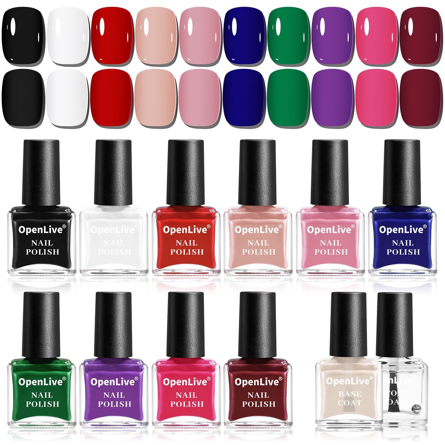 White Smoke OpenLive 12 PCS Nail Polish Set With 10 Colour Combo, 2 PCS Base And Top Coat,Fast Drying Nail Polish For Home DIY And Beginners.