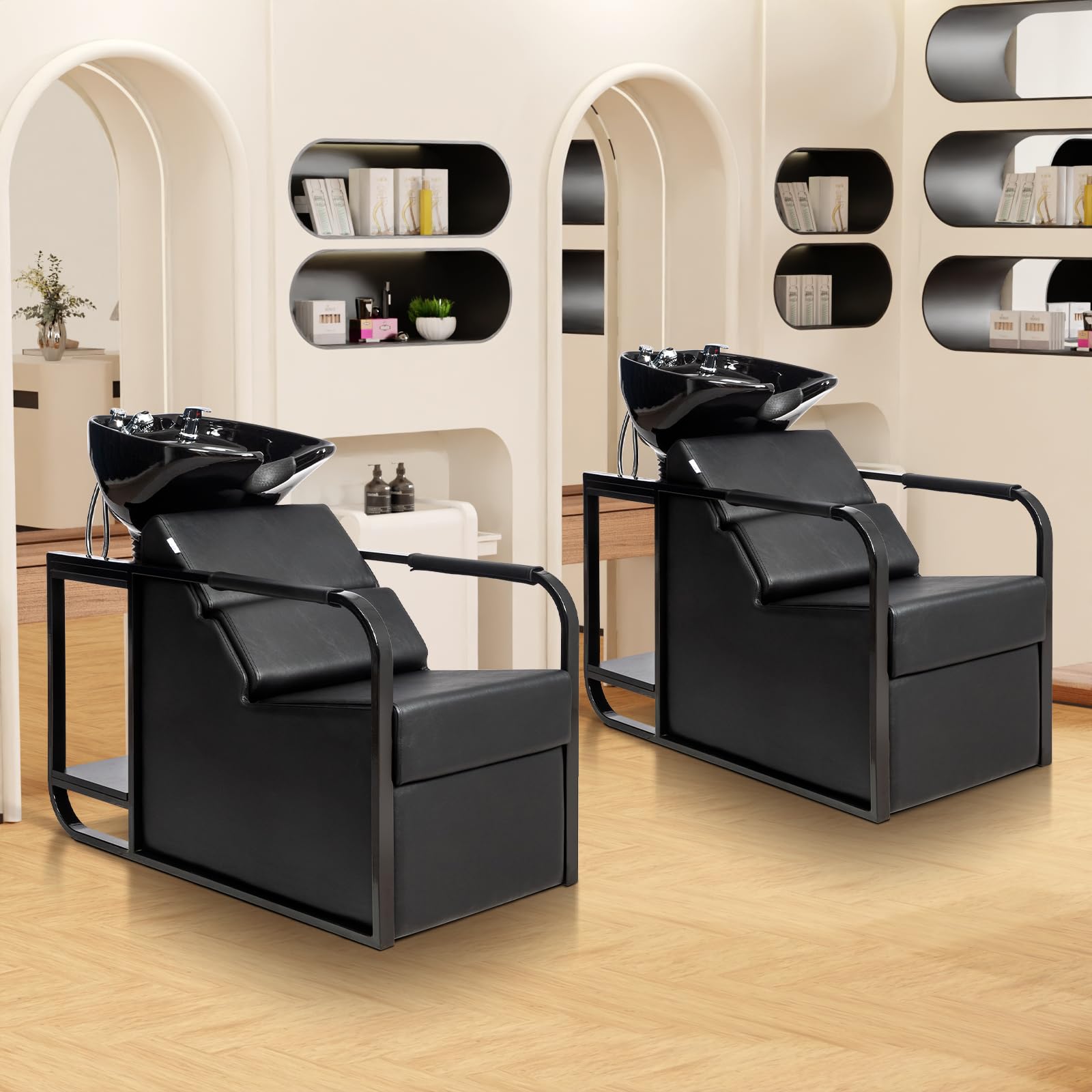 Gray OmySalon Salon Shampoo Chair with Tilting Hair Washing Bowl & Storage Shelf, Backwash Shampoo Unit for Beauty Spa Barbershop